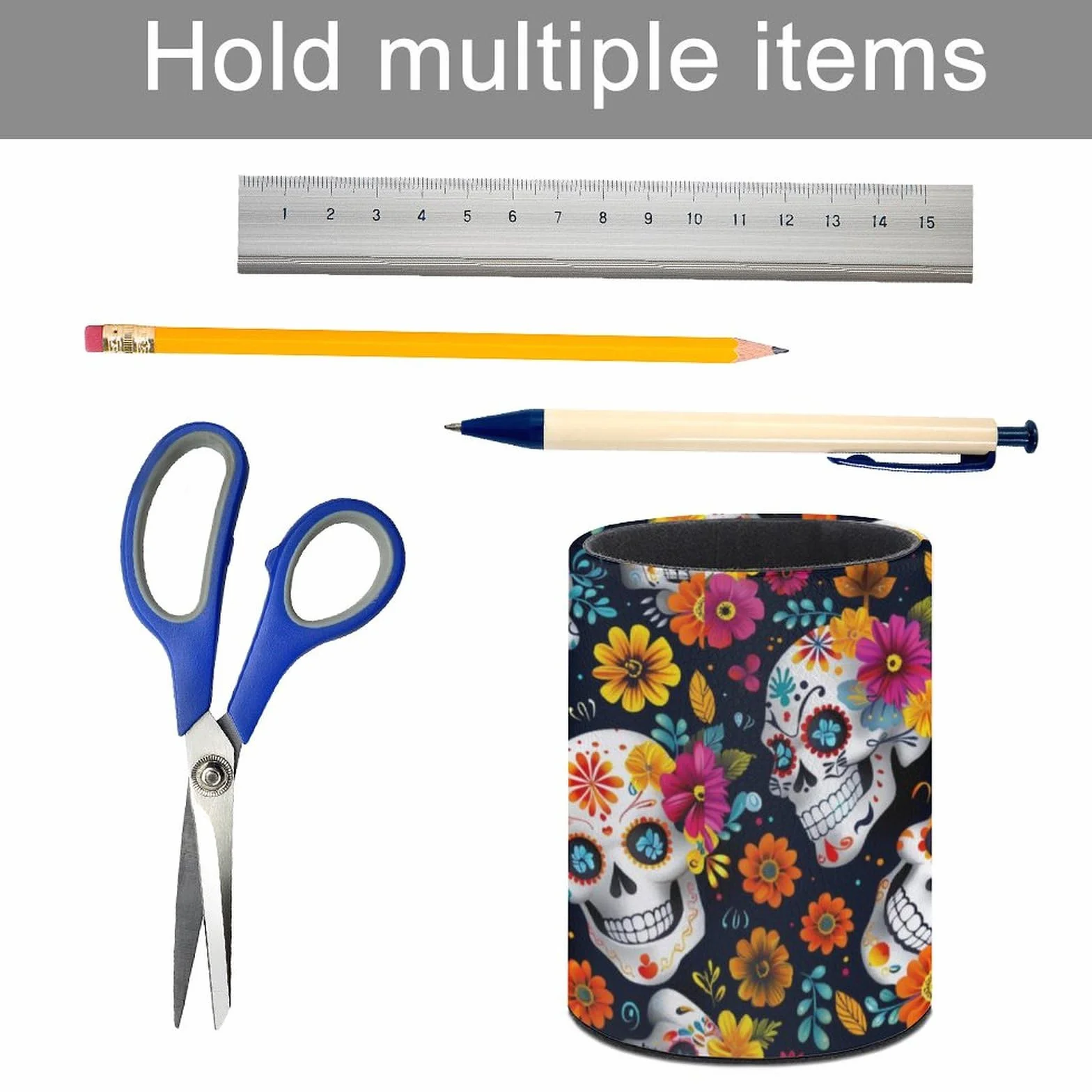 Pot à crayons rond en cuir tête de mort mexicaine - Organiseur maquillage bureau multifonctions
