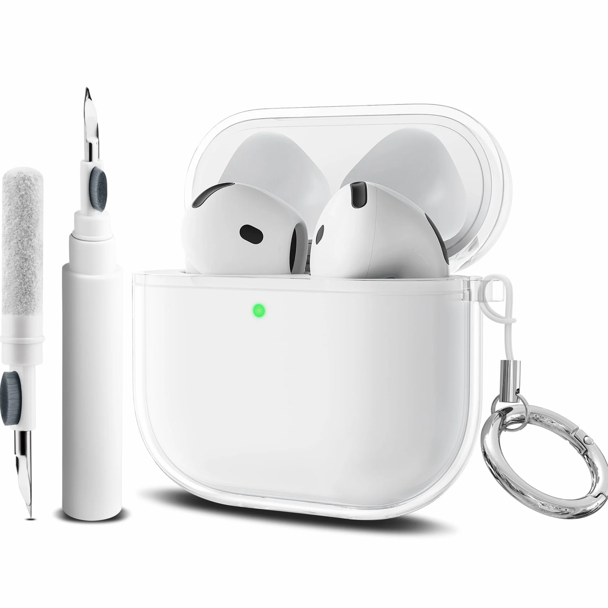 Coque Silicone AirPods 4 2024 Anti-Choc Transparent avec LED Visible, Kit Nettoyage, Porte-clés et Cordon