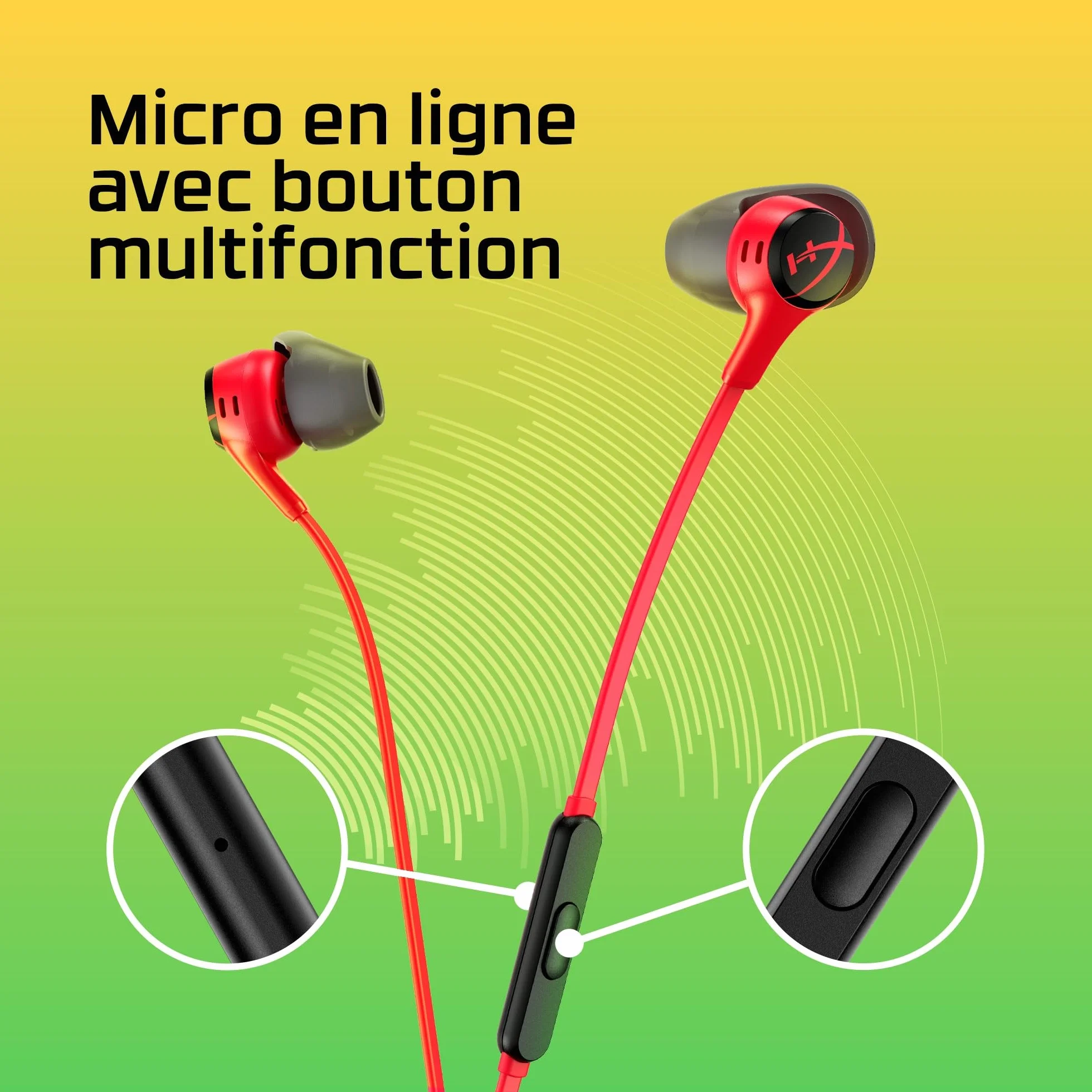 HyperX Cloud Earbuds II Écouteurs Gaming, Audio Immersif, Microphone Intégré, Prise Jack 3.5mm Coudée, Quatre Tailles d'Embouts, Pochette de Transport, Rouge