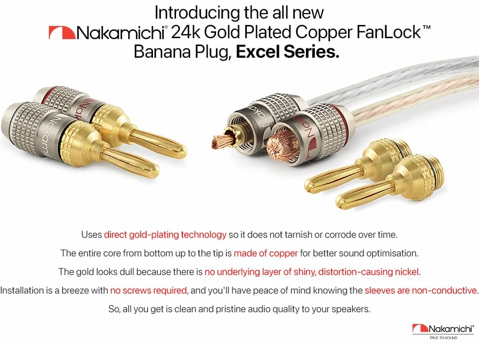 Nakamichi FanLock Fiche banane plaquée or 24K 10 AWG - 18 AWG Calibre 4 mm pour haut-parleurs Amplificateur Hi-Fi, 10 pièces (5 paires)