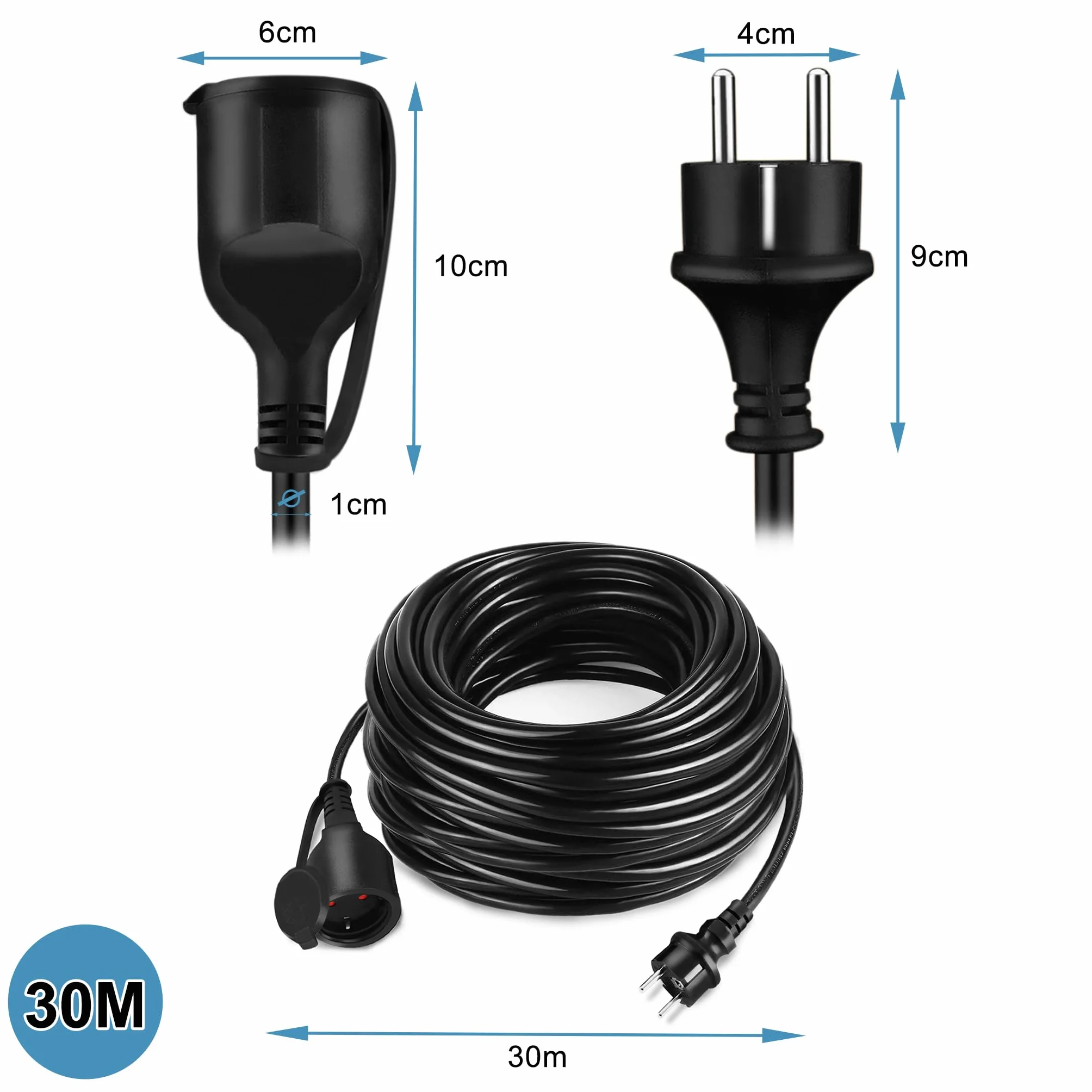 LZQ Rallonge électrique avec capuchon de protection - 30 m - 230 V - IP44 - Pour l'extérieur - Noir