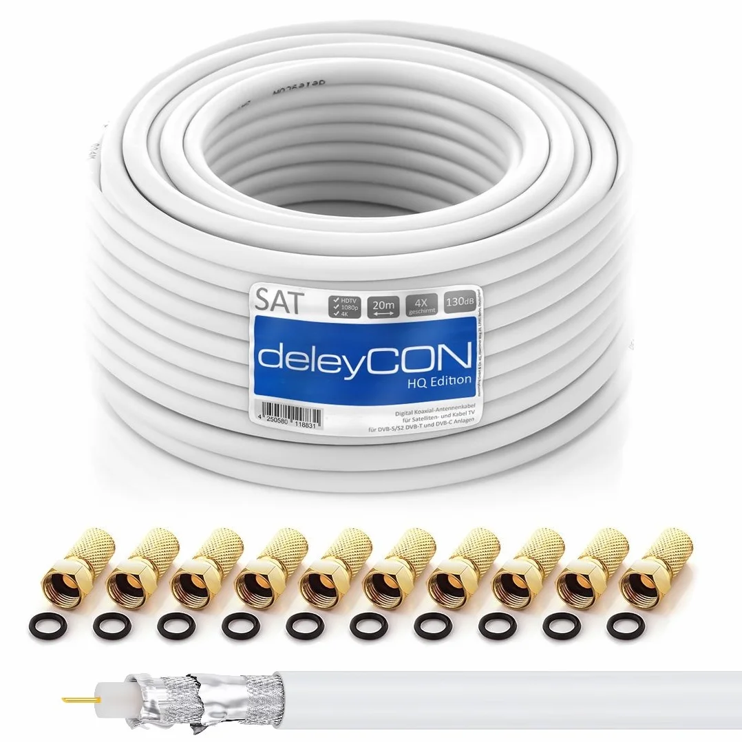 deleyCON 20m Câble Coaxial Satellite SAT 130dB Blindé 4 Couches DVB-S DVB-S2 DVB-T DVB-C 4K