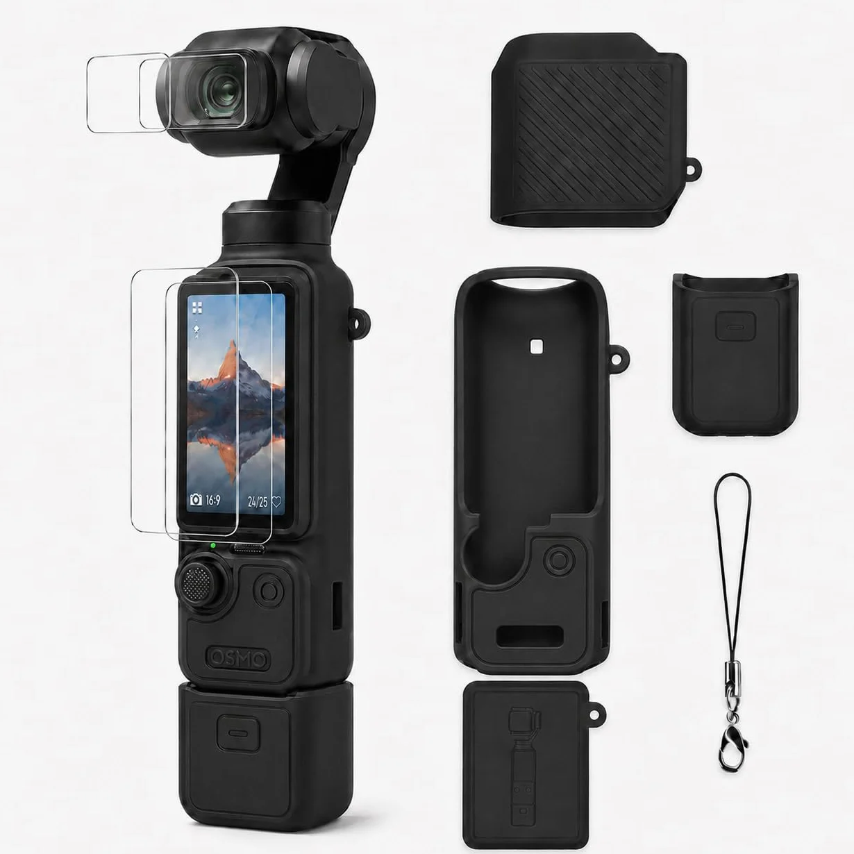 Silicone Coque pour DJI Osmo Pocket 4 avec 2 Protections D'Écran et D'Objectif, Housse en Silicone Souple, Antichoc Antidérapante et Anti-Rayures, Kit de Protection Complet Accessoire– Noir