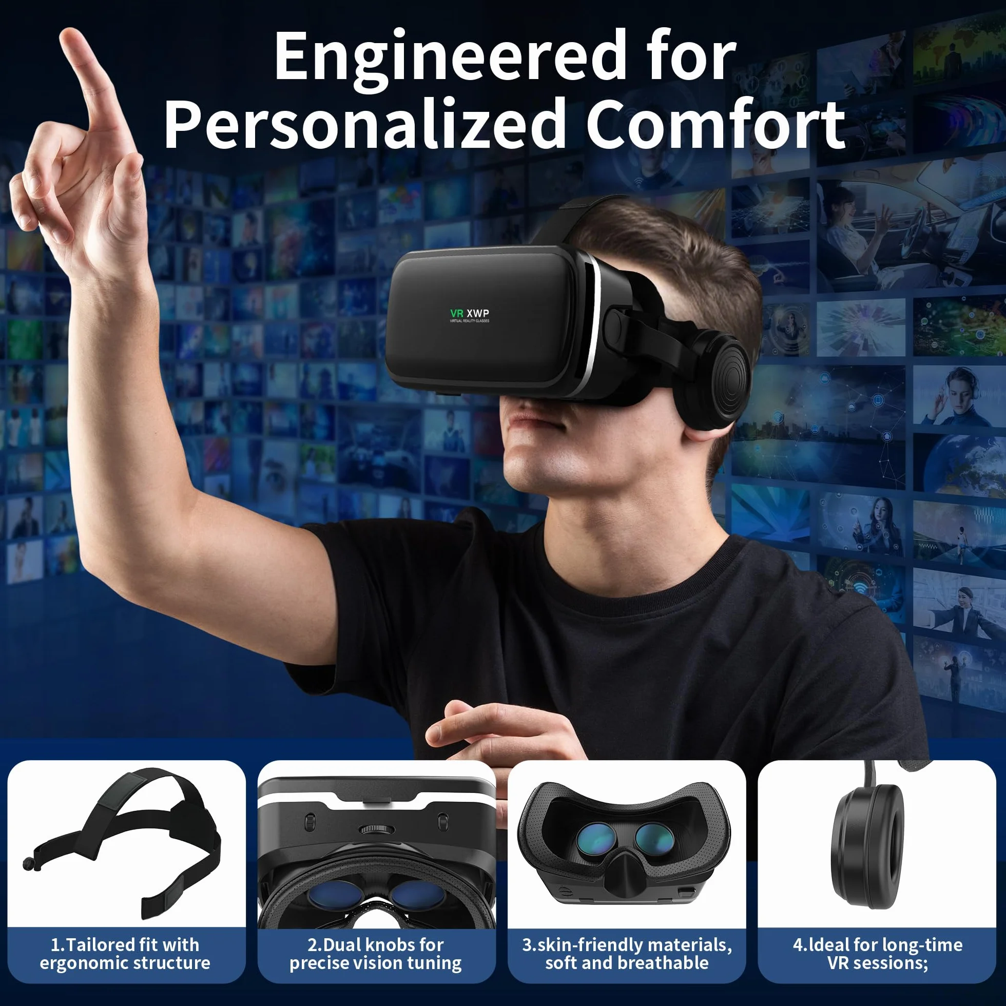 Casque VR 3D avec Écouteurs, Lunette de Réalité Virtuelle pour Téléphone Portable, Lentilles HD, iPhone & Android 4,7–6,8"