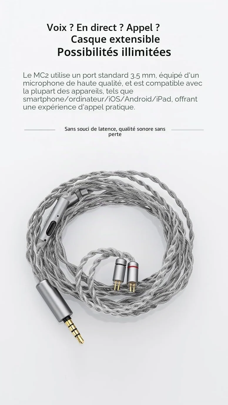 Moondrop MC2 Câble de mise à niveau pour microphone, 3,5 mm, 0,78 mm, 2 pôles, câble de mise à niveau pour casque