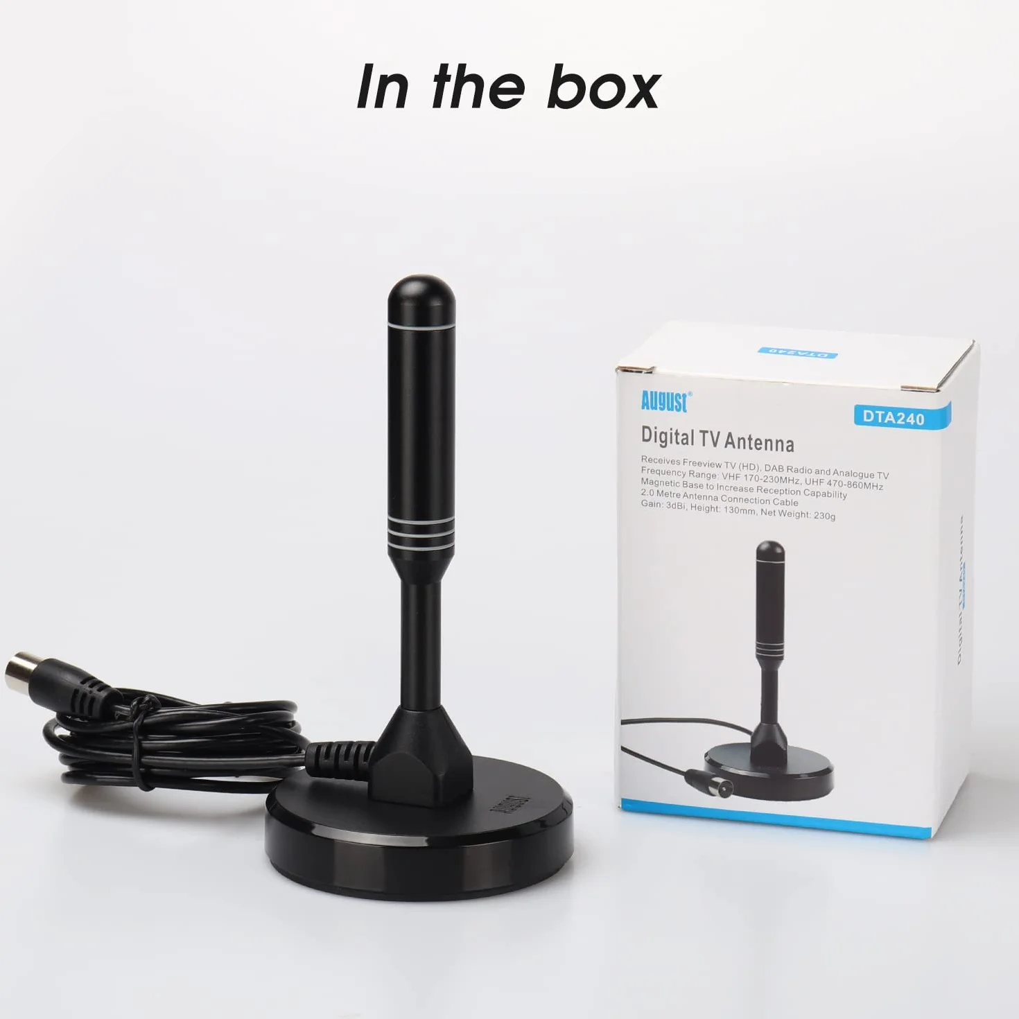 August DTA240 - Antenne TV Interieur TNT HD Puissante - Digital et Numérique UHD France, Magnétique Aimantée, Petite, Portable, Discrète, UHF VHF Salon, Caravane Camping-Car, 2m de câble - Noir