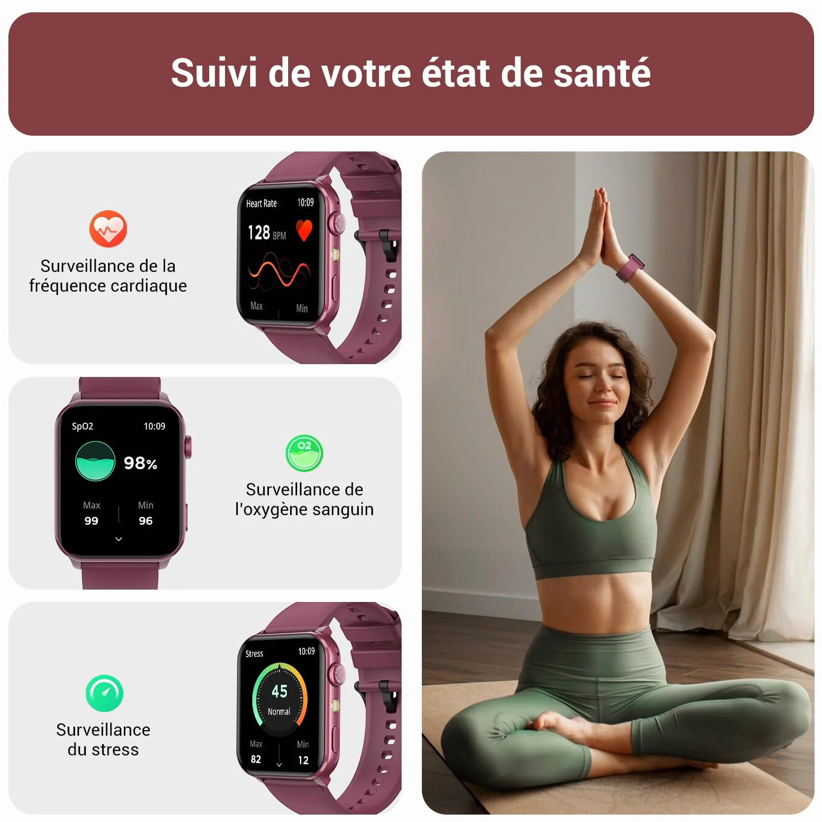 IOWODO Montre Connectée Femme, Appel Bluetooth, Écran 1.85" à LCD, Notifications Réseaux Sociaux, Cardiofréquence/Oxymètre/Analyse Sommeil, 100+ Modes Sports, pour Android& iOS(Violete)