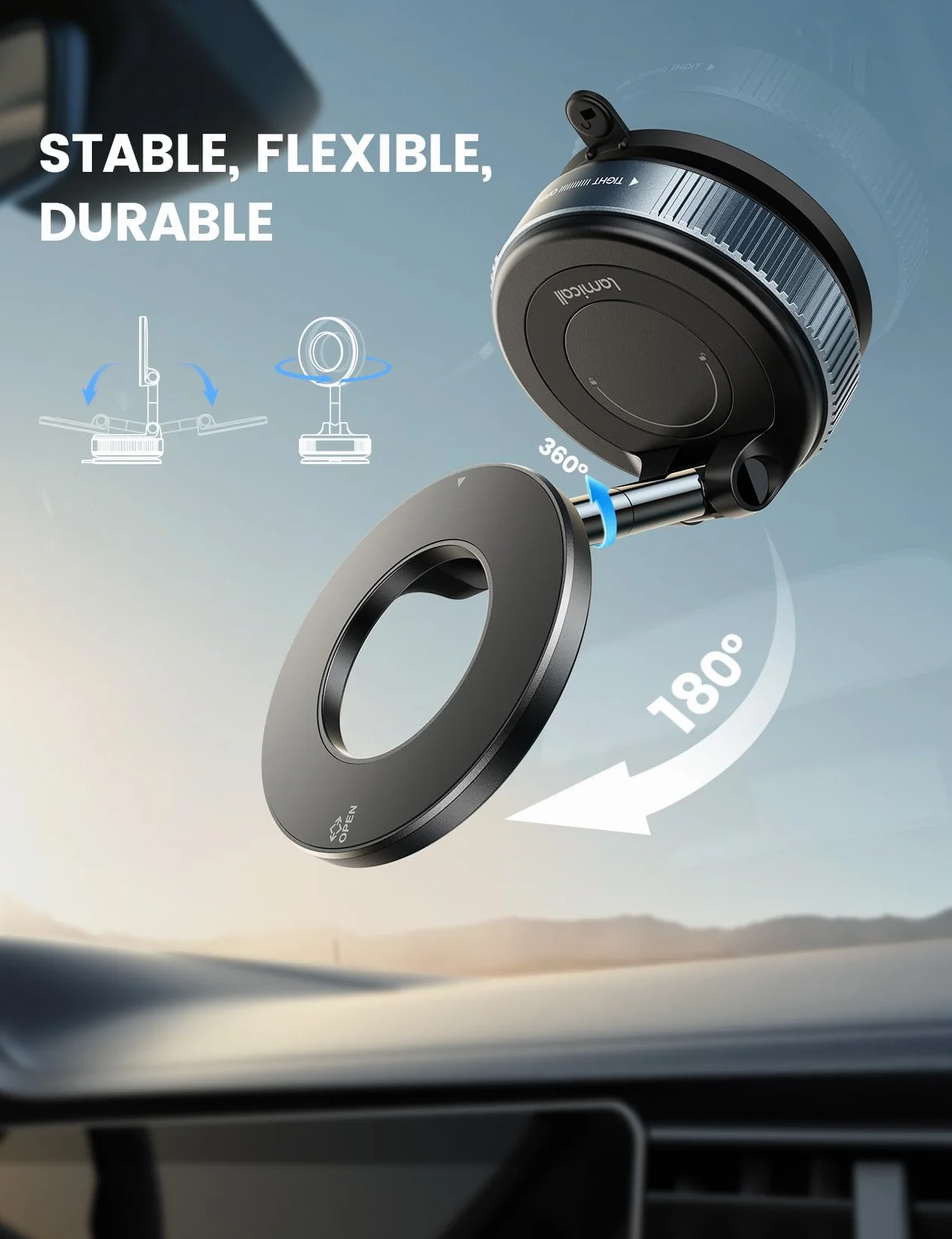 Lamicall Support Telephone Voiture pour MagSafe - [Ventouse à Vide & 24X N55] 360° Rotation, Porte Voiture pour Tableau de Bord/Pare-Brise, Support Magnétique pour iPhone 17 16 15, Autres Smartphones