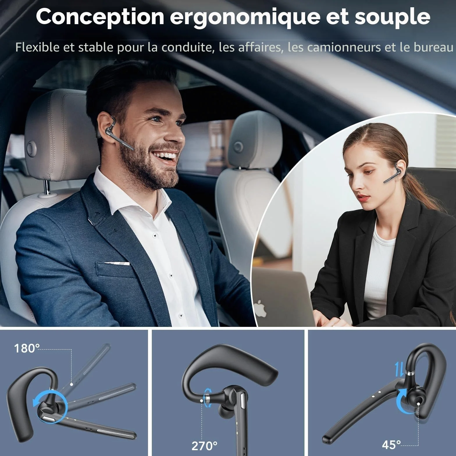 CASCHO Oreillette Bluetooth sans Fil V5.3 avec Dual Annulation De Bruit ENC Mic, Kit Main Libre Bluetooth,Casques avec 60H de Temps de Conversation étui de Chargement LED pour iPhone/Android