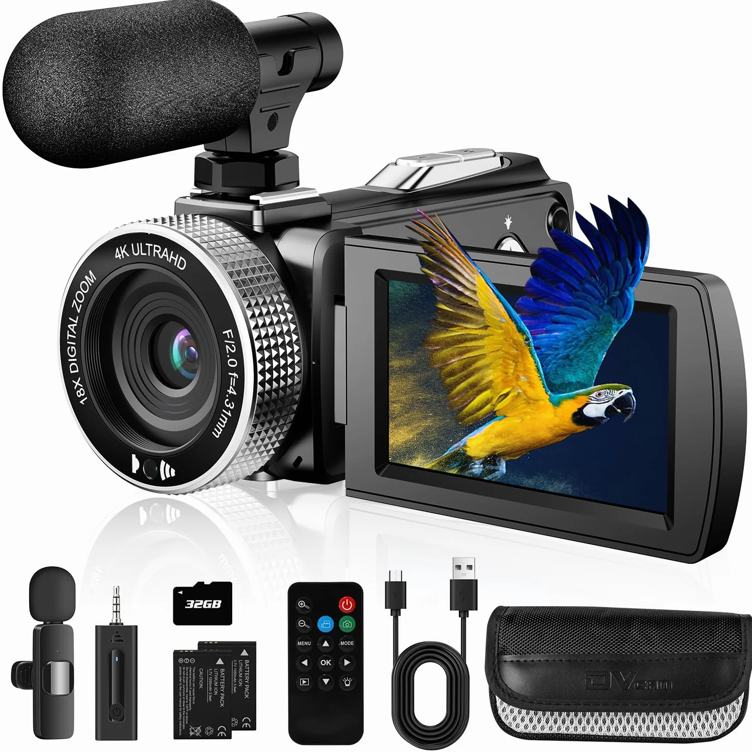 Caméra vidéo 4K 48MP Photo/enregistreur vidéo 4K 60FPS, caméscope numérique pour Youtube Vlogging avec Microphone sans Fil/Carte SD/2 Piles/télécommande