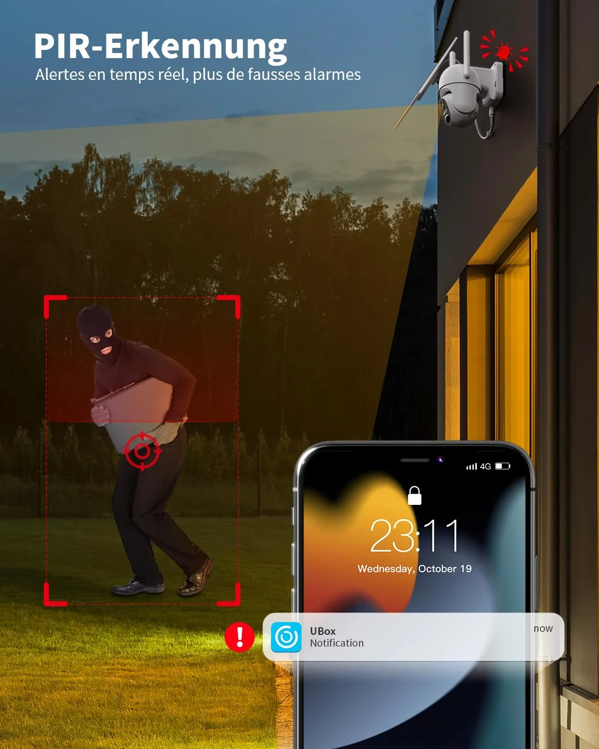 Caméra de Surveillance extérieure 4G LTE- Batterie avec Carte SIM- Caméra PTZ Solaire sans Fil 2K- sans Wi-FI- Pivote à 355°/100°- Vision Nocturne Couleur- Audio- Détection Humaine PIR- IP66