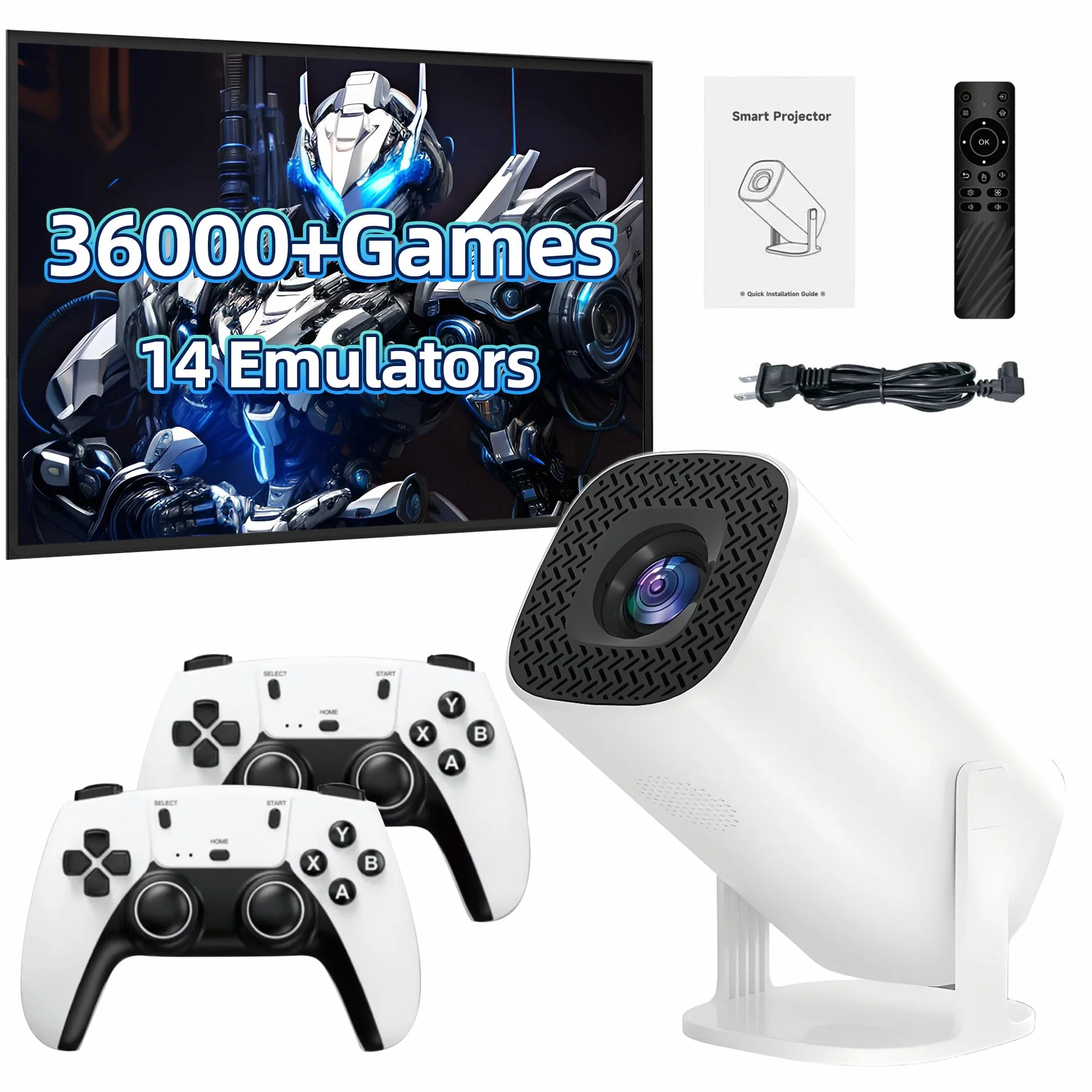P30Plus 4K Projecteur de Jeux Vidéo avec 2 Manettes Sans Fil, 14 Émulateurs Intégrés, 36000+ Jeux, Blanc