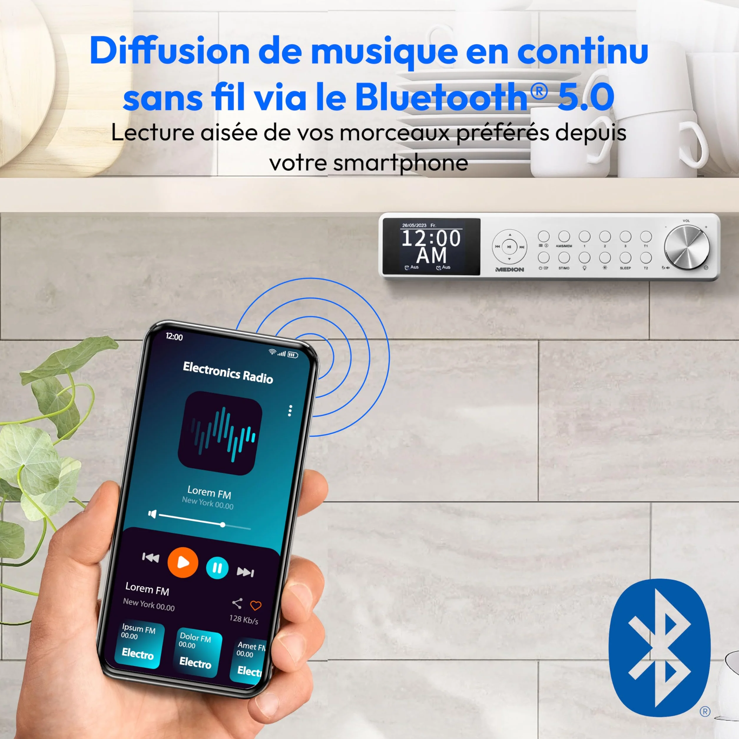 MEDION P66750 Radio de cuisine encastrable (radio de cuisine DAB+, radio FM PLL, écran couleur TFT à intensité variable, minuterie de cuisson, Bluetooth, barre LED, matériel de montage inclus), blanch