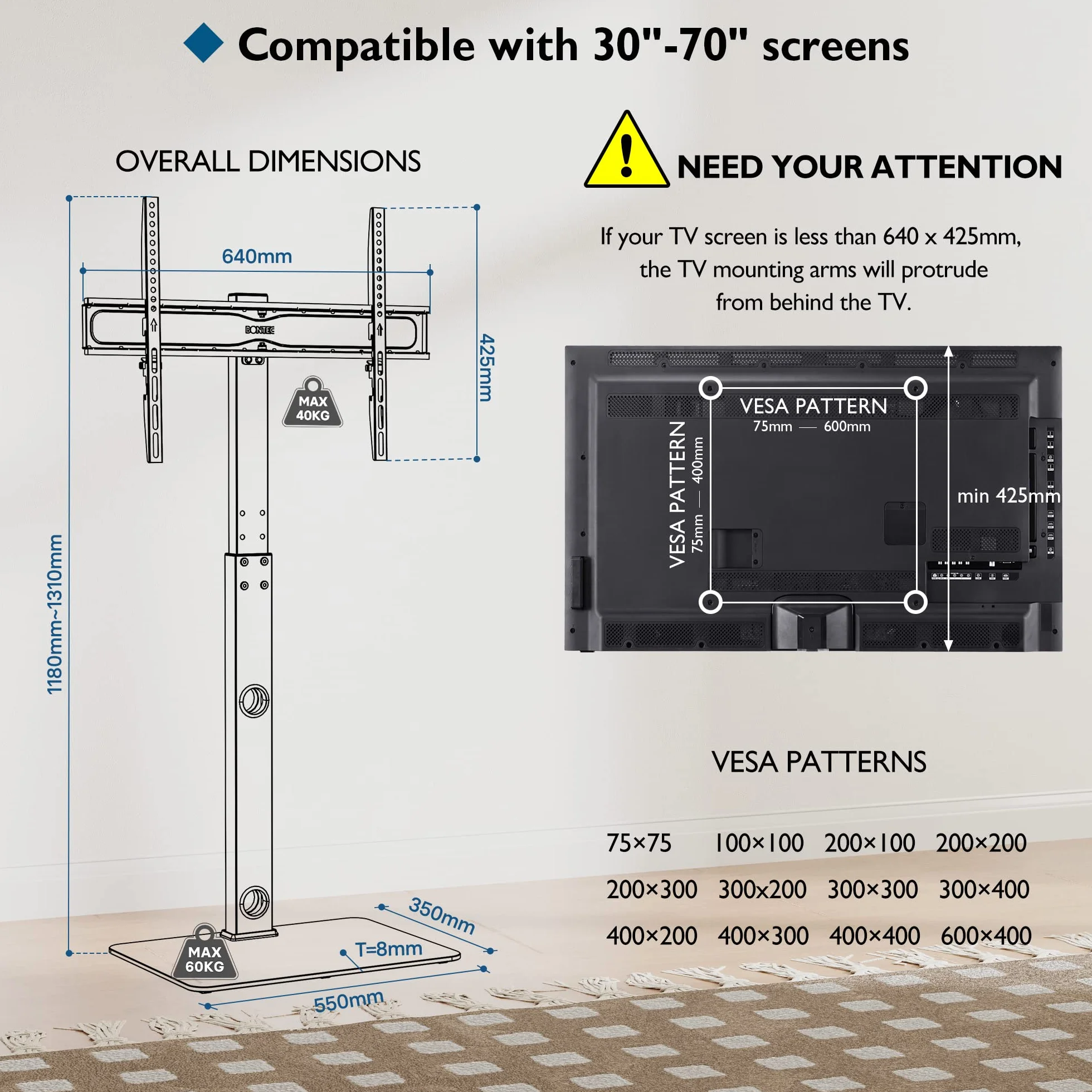 BONTEC Support TV de Sol pour Téléviseurs de 30-70 Pouces Plasma/LED/LCD/OLED Incurvés & Plats, Support TV Haut Réglable en Hauteur jusqu'à 40 kg, Max VESA 600x400 mm