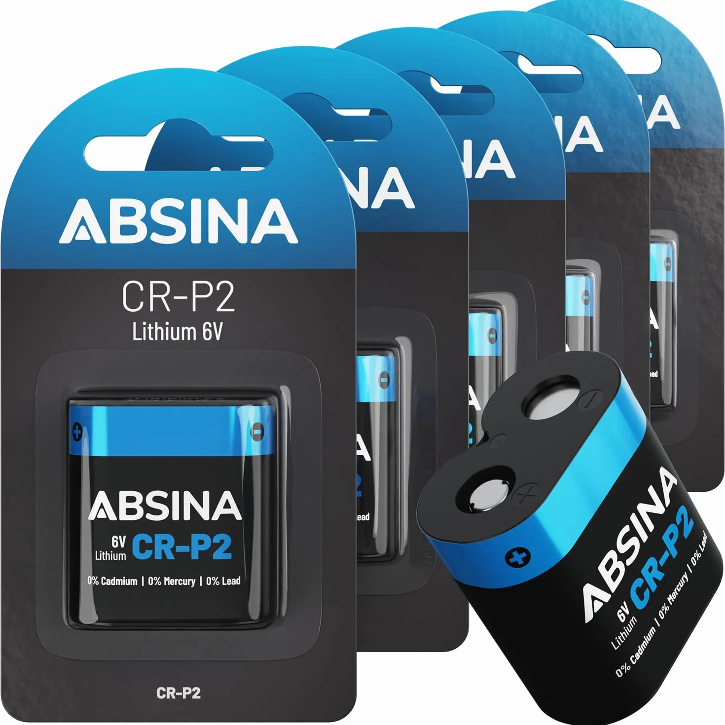 ABSINA 5X Pile CRP2 Lithium 6V - Pile CR P2 pour Distributeur, Appareil Photo, Flash, détecteur de Mouvement & Plus - Anti-Fuite, Longue Conservation - CR-P2 Piles 6V