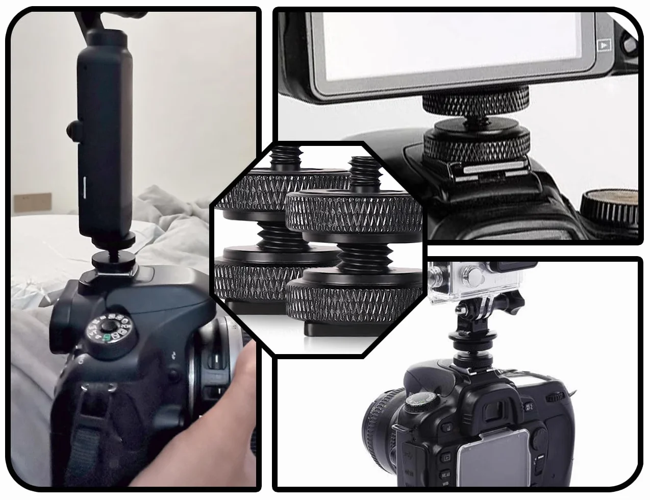 Lot de 2 adaptateurs de sabot de flash pour appareil photo, filetage 1/4", en métal, pour filetage de trépied, flash, microphones sur griffe de flash (noir)