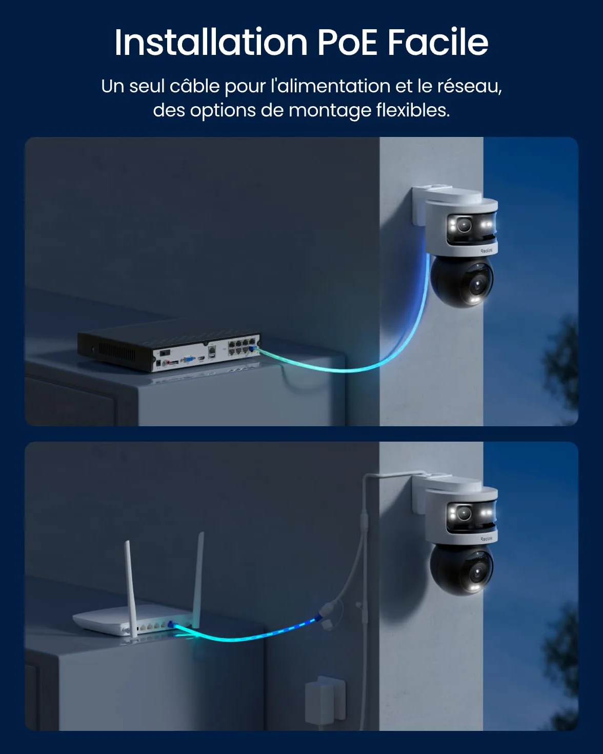 Reolink Camera Exterieur Filaire 10Mpx + 8Mpx à Triple Objectif, Caméra PoE avec Suivi-Synchro, Recherche Vidéo IA, Vision Nocturne Couleur et Infrarouge, Enregistrement 24h/24, OMVI 3i PoE