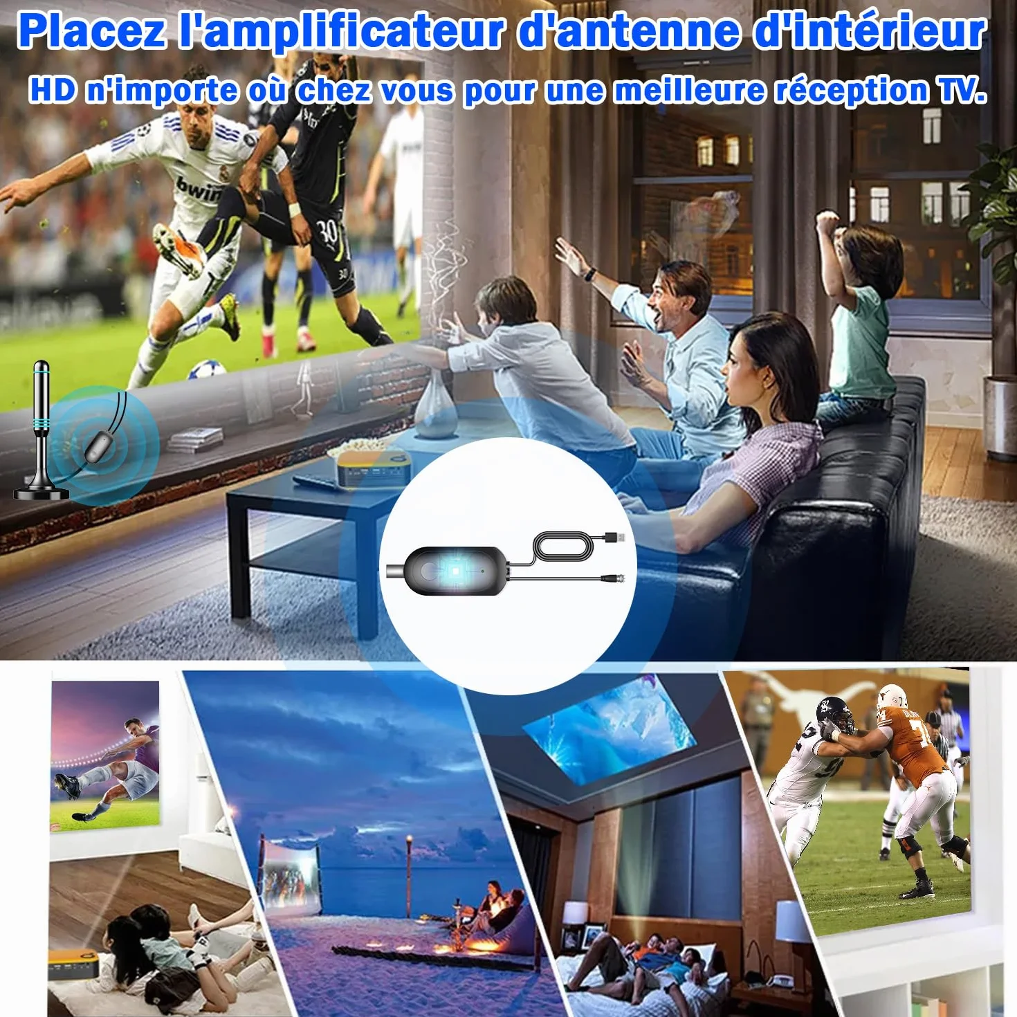 Amplificateur Antenne TV Booster Signal TNT DVB-T2 Compatible Télévision Numérique Full HD 4K UHD