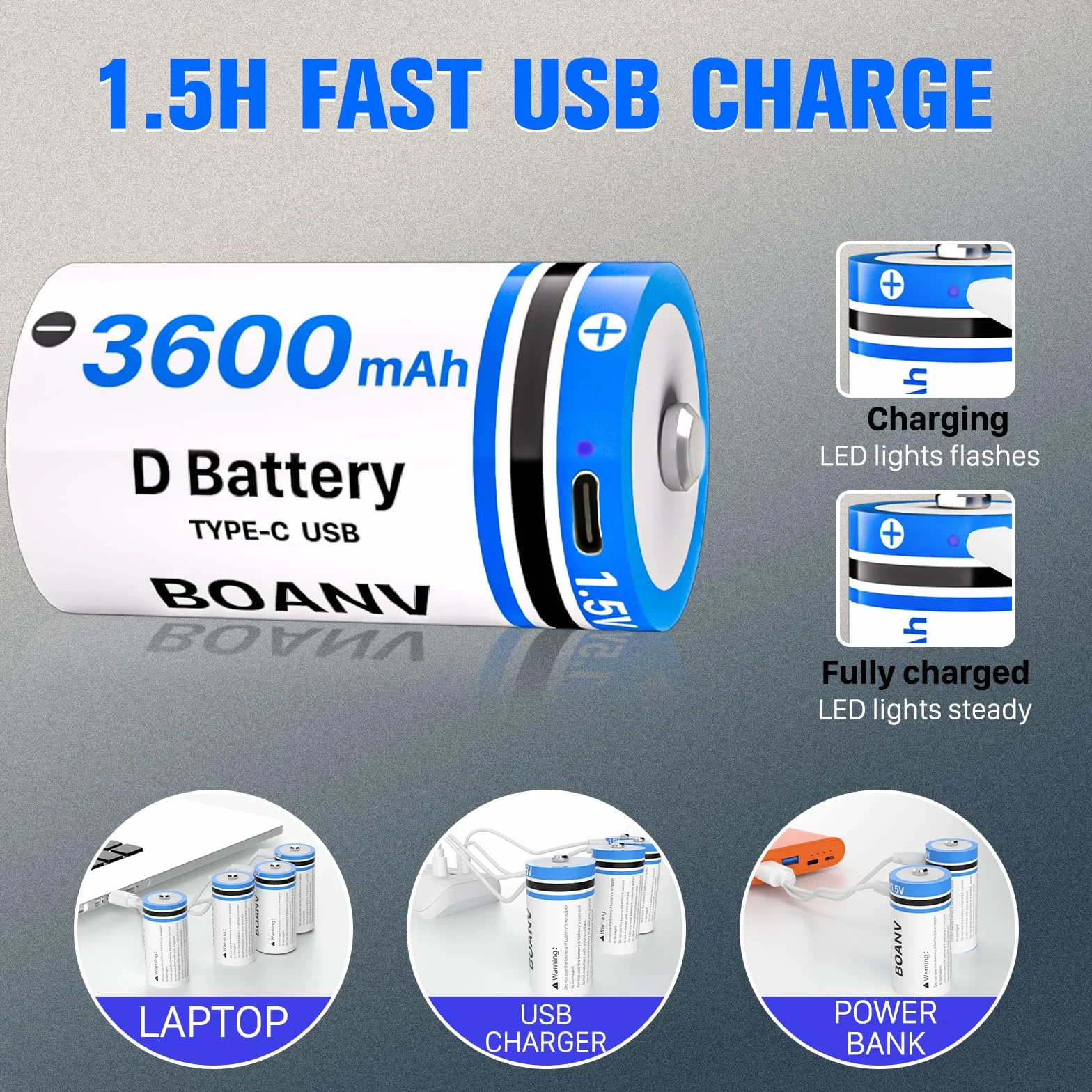 Piles D Rechargeable Lithium,3600mAh BOANV D Batterie Rechargeable avec Câble de Charge USB-C Pile de Remplacement pour Lampe de Poche (Lot de 2)