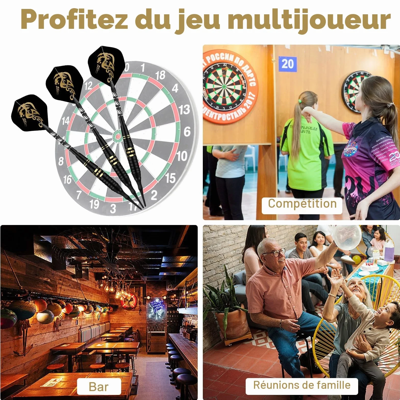 Fléchettes à Pointe en Plastique Lot de 3 avec 20 Pointes de Remplacement et Anneaux en Caoutchouc Anti-lâche
