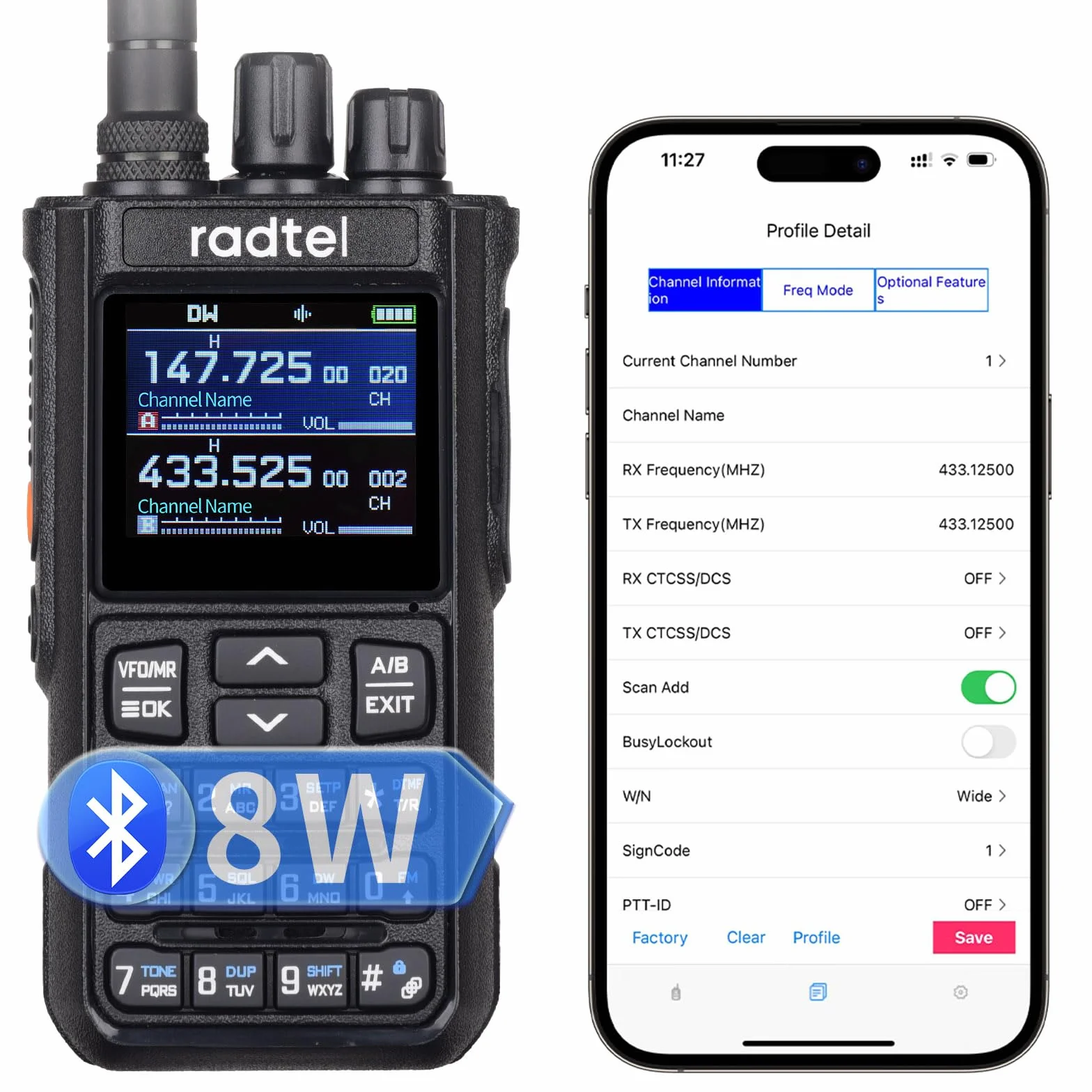 Radtel RT-900 Talkie-Walkie 8W Multi-Bande, Radio VHF/UHF 256 Canaux, Aviation, Marine, Batterie 2200mAh, Programmation Via Application