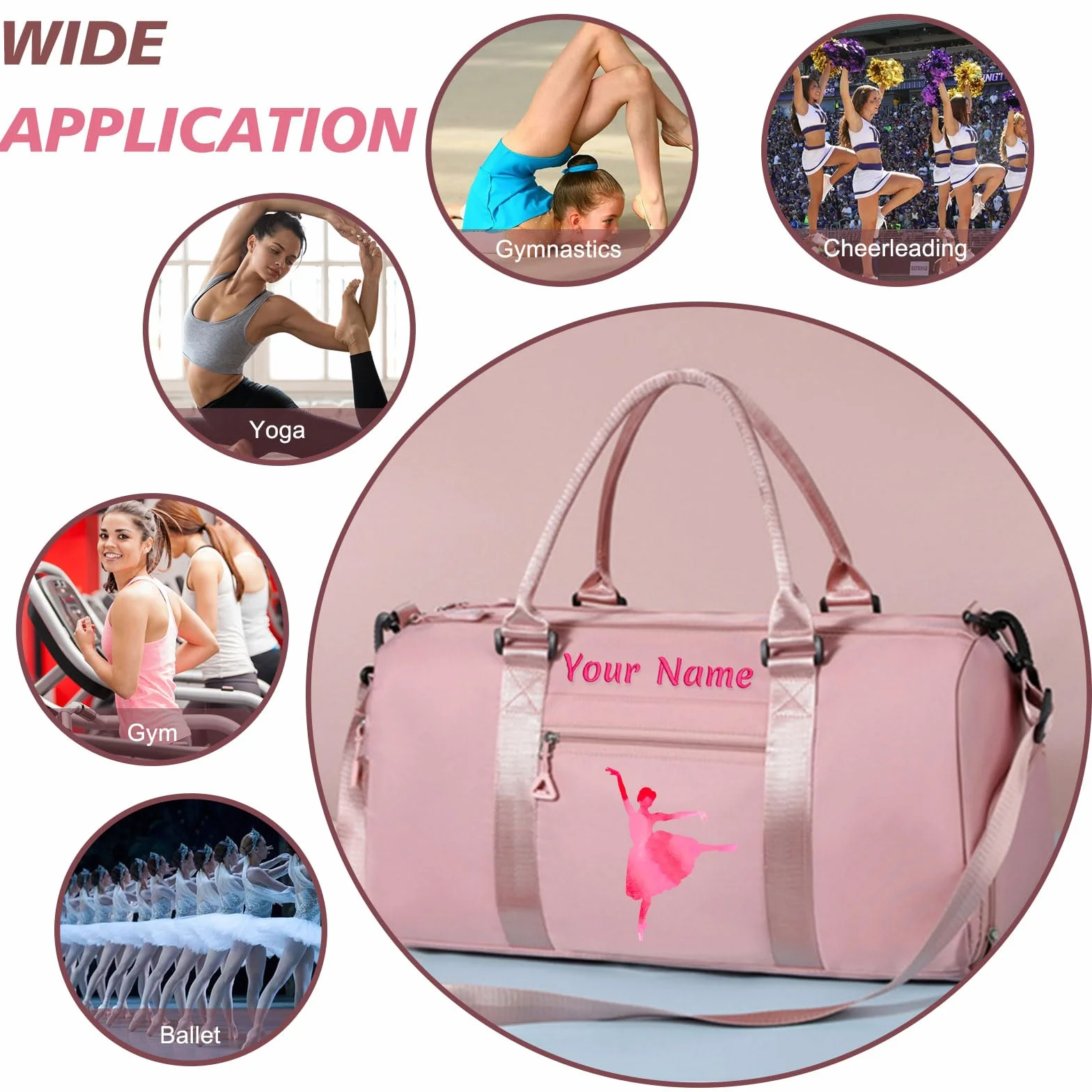 Sac de Sport Brodé Personnalisé avec Bretelles, Poches Humides et Sèches et Compartiment à Chaussures - Rose