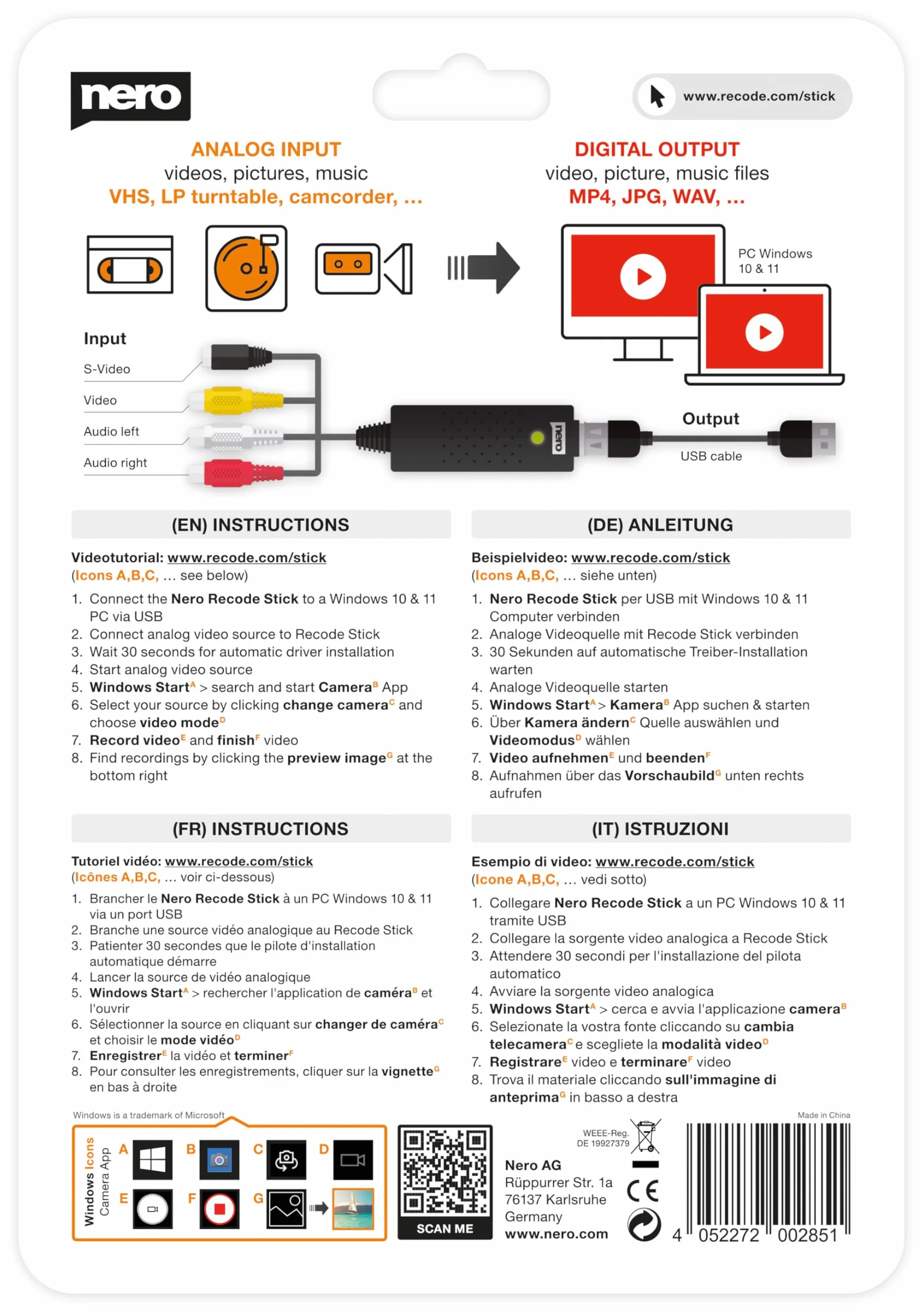 Nero Recode Stick Convertisseur VHS USB Numériser VHS S-VHS Hi8 Super 8 DVD PC Windows 10/11 macOS