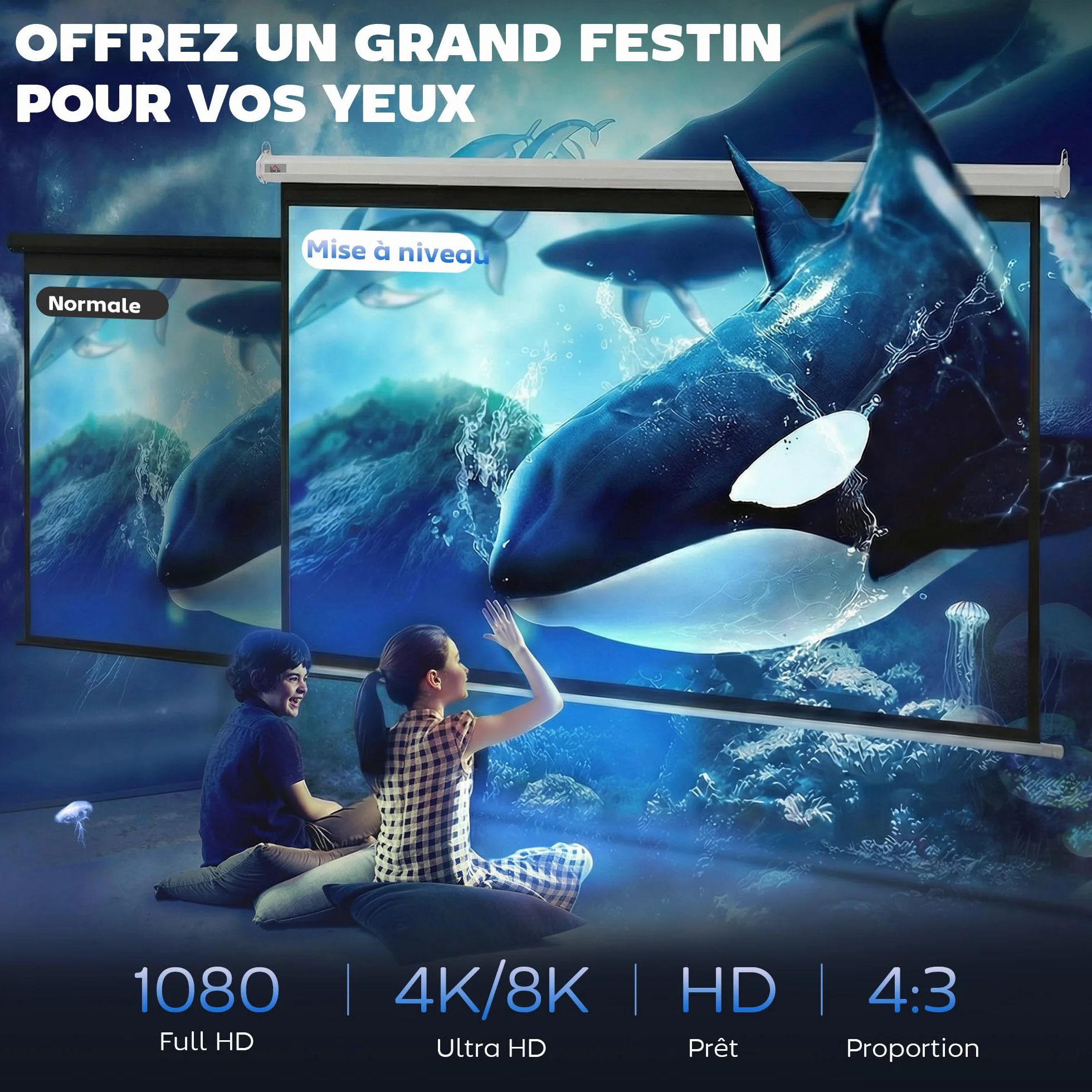 HOMCOM Écran Vidéoprojecteur 84 Pouces 4:3 4K HD Motorisé Électrique Montage Mural Plafond