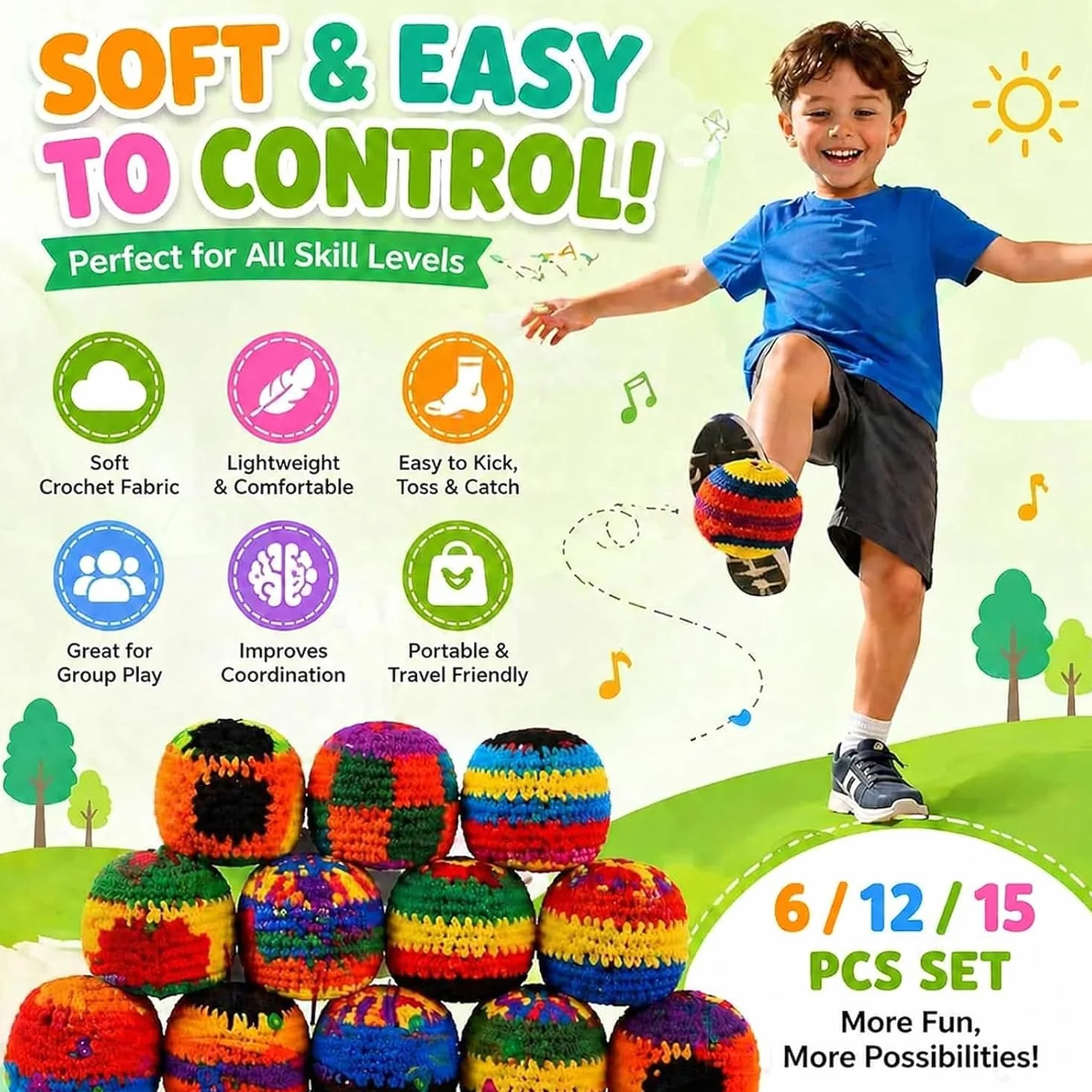 Balles de Frappe Tricotées Ensemble 6/12/18 Sacs de Pieds au Crochet pour Enfants Adultes Jeux Plein Air