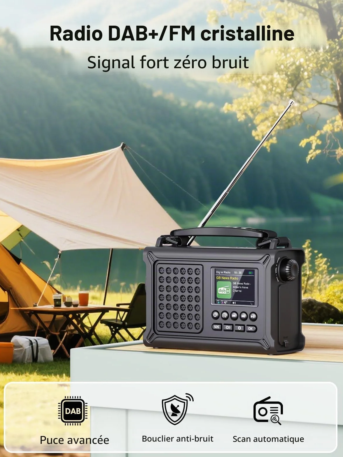 ROCAM Radio d'urgence Dab+/FM avec Bluetooth, Radio Numérique Portable 12000mAh avec Panneau Solaire 8500mm² & Manivelle 650mA, Écran Couleur 2,4", 80 Stations, SOS, Lampe LED, USB, IPX6 pour Camping