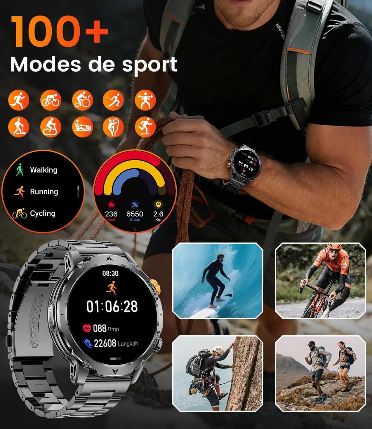 LIGE 1000mAh Montre Connectée Homme, 1,7" Smartwatch Militaire avec 110+ Modes Sportifs, IP68 Étanche, Appel Bluetooth, 24H Fréquence Cardiaque, Podomètre Android iOS,3 Bracelets,2 Chargeurs,EF24-A