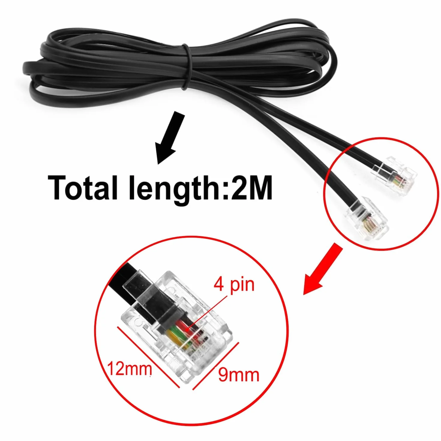 JZK 2M Noir Câble haut débit RJ11, rallonge téléphonique, câble Internet DSL, câble ADSL, pour routeur, téléphone fixe, télécopieur, modem