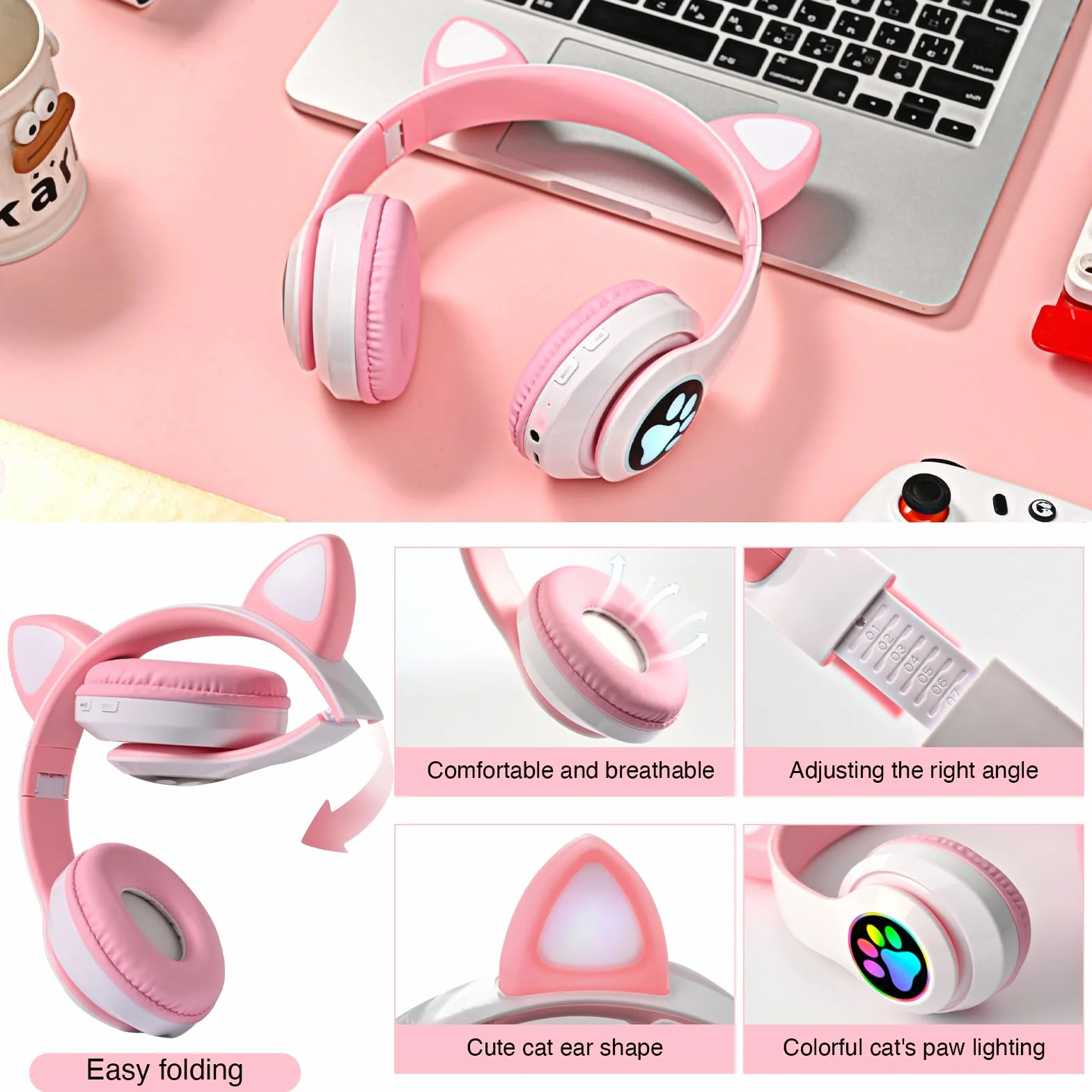 OHAANYY Casque Bluetooth pour Enfants sans Fil,Casque Cat Pliable avec LED Flash Lumières Glow, Enfants Bluetooth 5.0 avec Microphone et Contrôle du Volume, Carte Slot pour PC/Tablettes/TV (5)