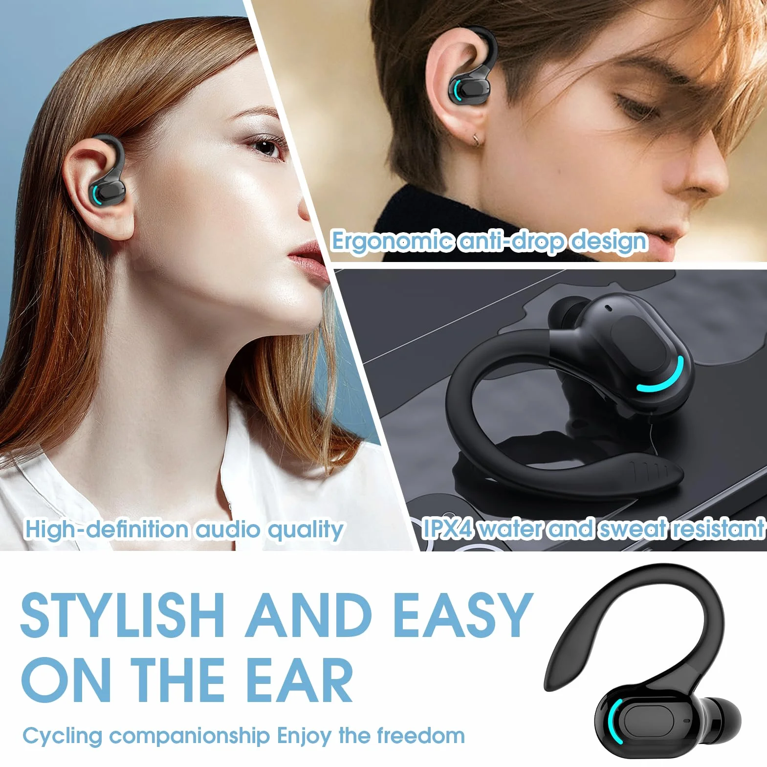Oreillette Bluetooth Sans Fil V5.2 Avec Micro Intégré, Écouteurs Sans Fil, Tour D'oreille 360°, 20h De Lecture, Tour D’Oreille Réduction De Bruit Écouteur Mono Pour Iphone, Android, Pc, Sport, Travail
