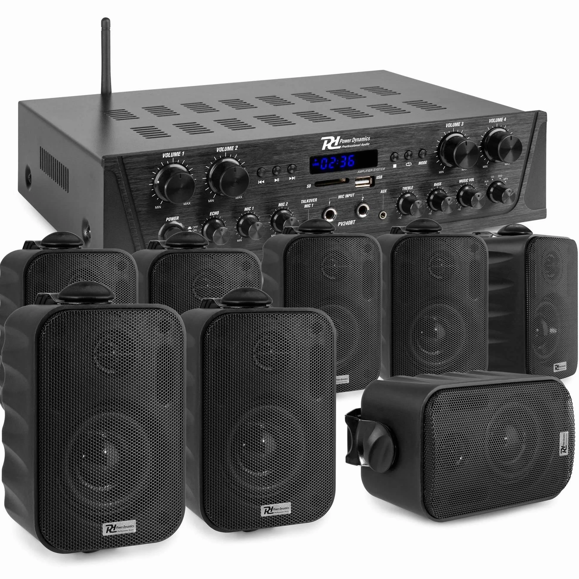 Power Dynamics PV240BT Système Audio 4 Zones 400W Amplificateur Bluetooth 8 Enceintes BGO30 Noires