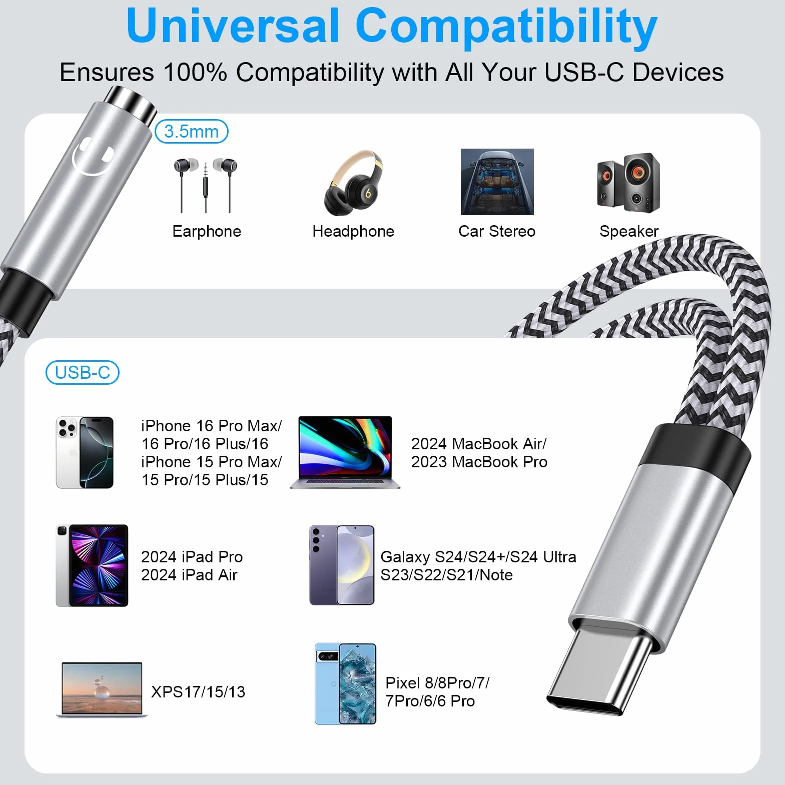 Adaptateur USB C Jack 3,5mm 2 en 1 pour iPhone 17 Pro Max Samsung Galaxy S26 S25 Xiaomi Google Pixel