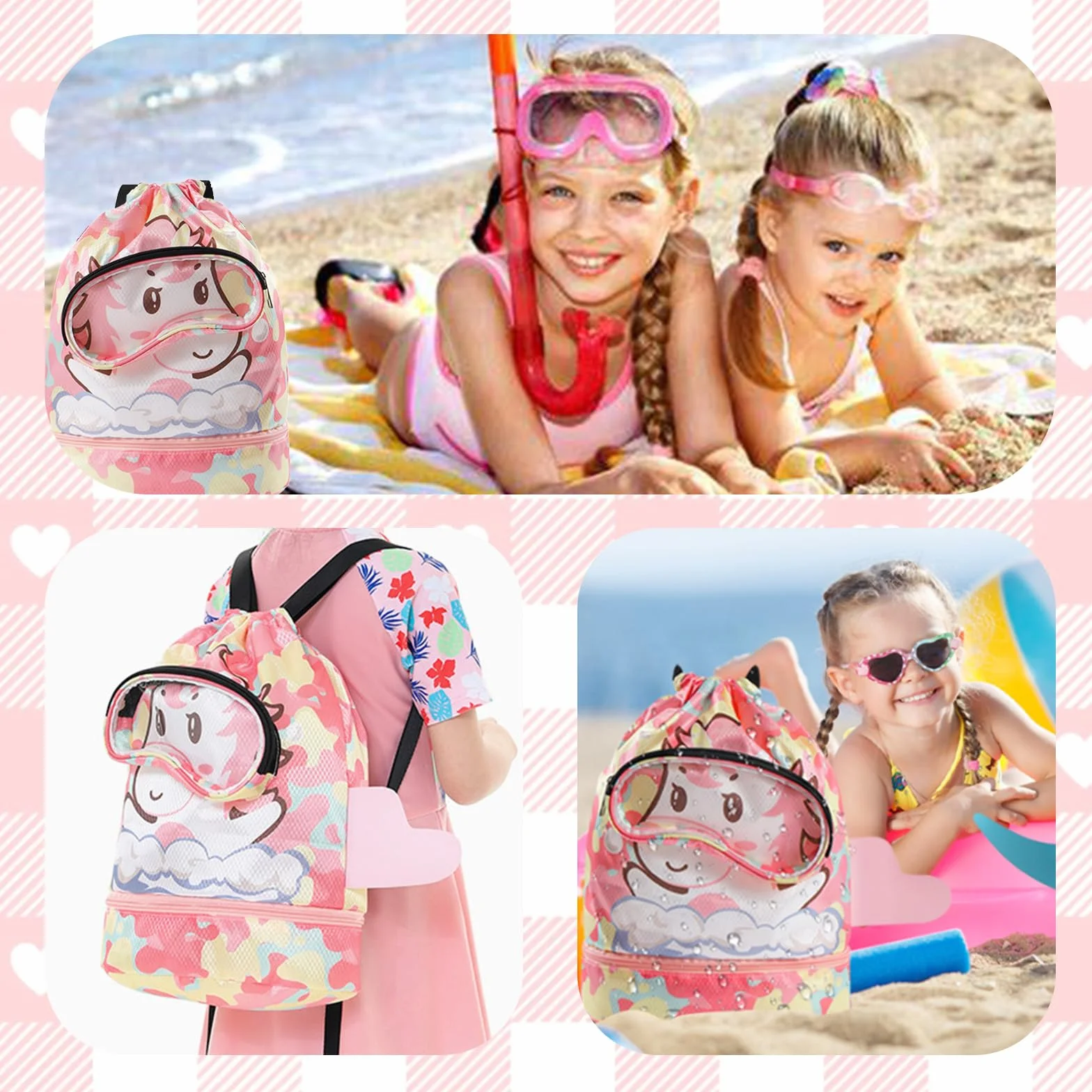 Sac Piscine Enfant avec Cordon, Séparation Sèche et Humide, Sac de Sport Réglable Rose