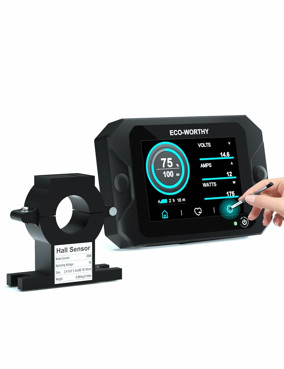 ECO-WORTHY Moniteur de batterie amélioré 300 A 12 V/24 V/36 V/48 V, moniteur de batterie à écran tactile 3,5 pouces avec alarme, testeur de batterie lithium/gel pour camping-cars, systèmes solaires