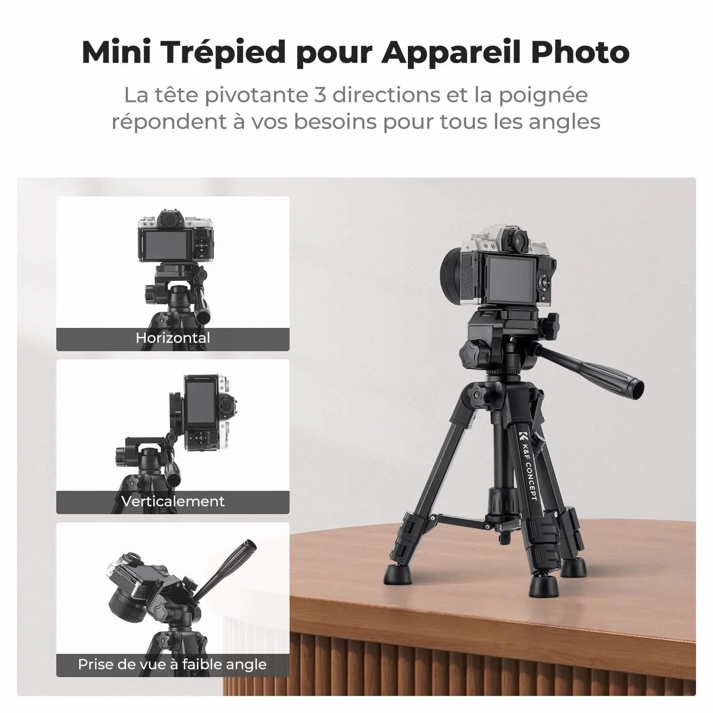 K&F CONCEPT Mini trépied de Bureau pour Appareil Photo, trépied de Table en Aluminium de 63,5 cm avec télécommande, Petit trépied Portable pour appareils Photo Reflex numériques, caméscope, téléphone