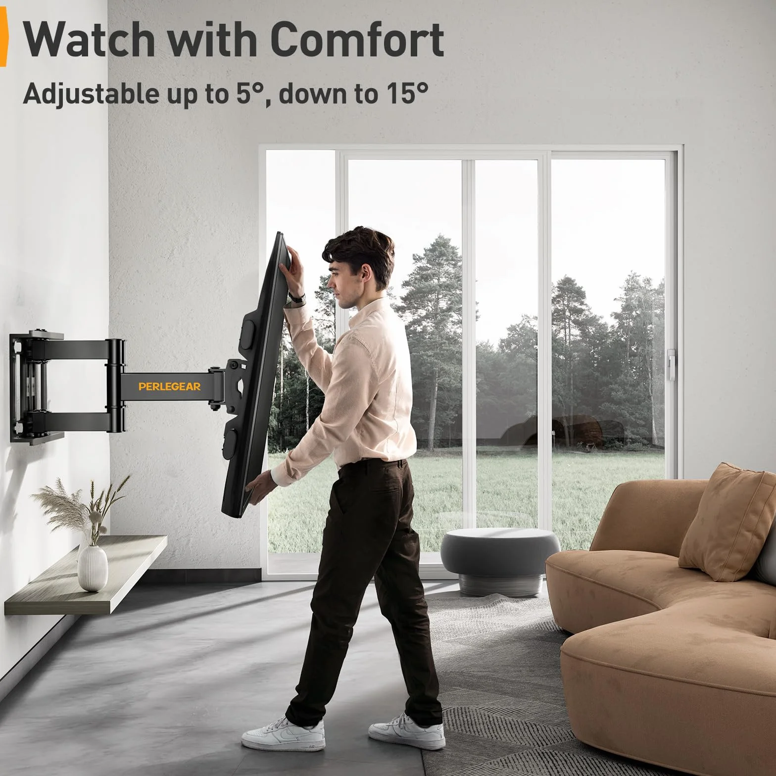 Perlegear Support Mural TV 37-84 Pouces 60KG Fixation TV Murale Inclinable Orientable VESA 600x400mm