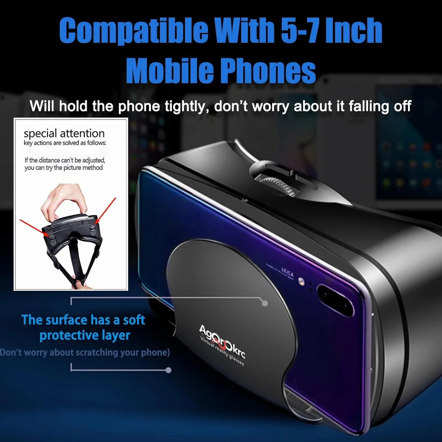 Casque VR, Casque Réalité 3D Virtuelle, Qualité d'image 2K HD & Lumière Anti-Bleue-Casque de Réalité Virtuelle pour Jeux et Films,Casque VR Compatible avec Android & iOS Phone (Noir)