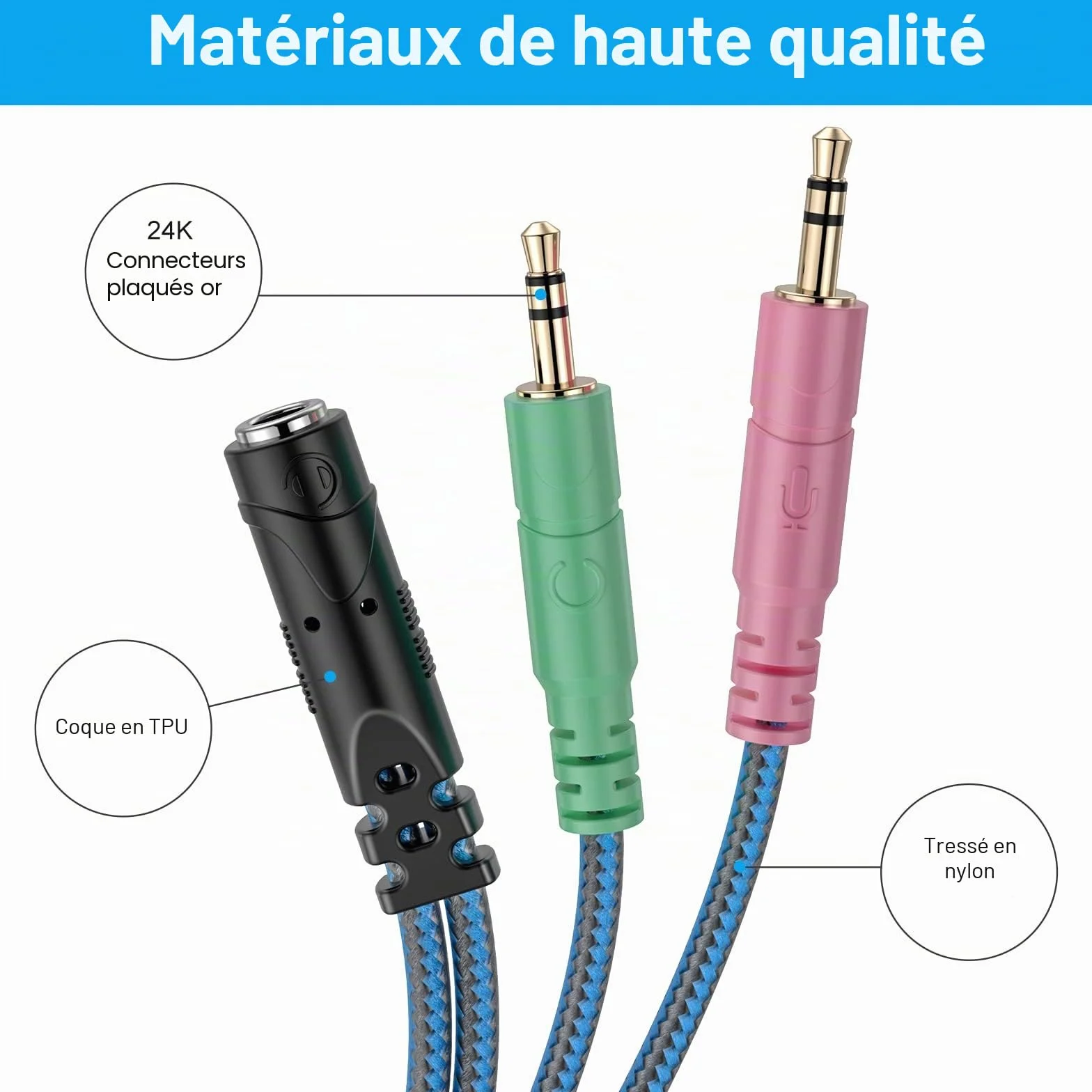 ENVEL Adaptateur Jack Micro Casque Audio Stéréo 3,5mm Splitter Femelle à 2 Double Mâle Câble Nylon tressé 22cm