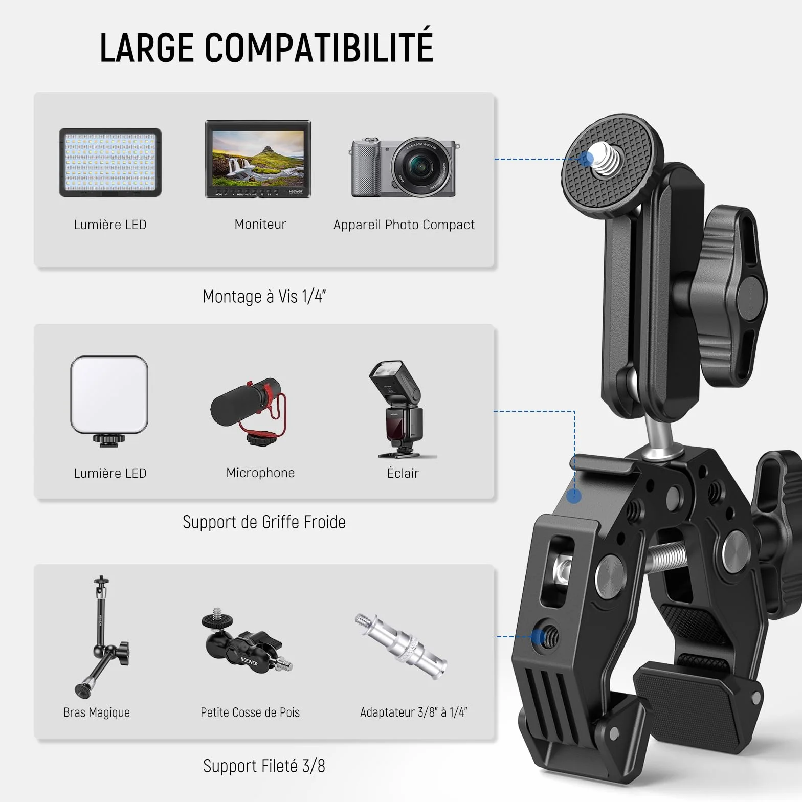 NEEWER Super Pince avec Bras Magique à Double tête sphérique de 7,6cm Griffe Froide Filetage 6,35mm Adaptateur Montage téléphone/action cam pour trépied Bureau Compatible avec SmallRig GoPro DJI, ST83