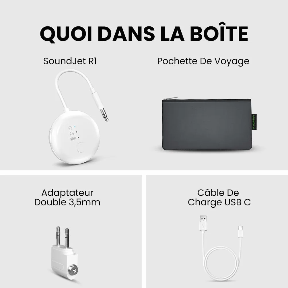 Avantree SoundJet R1 Adaptateur Avion Bluetooth aptX Adaptive 20 h Autonomie Transmetteur Audio sans Fil Puce Qualcomm Blanc