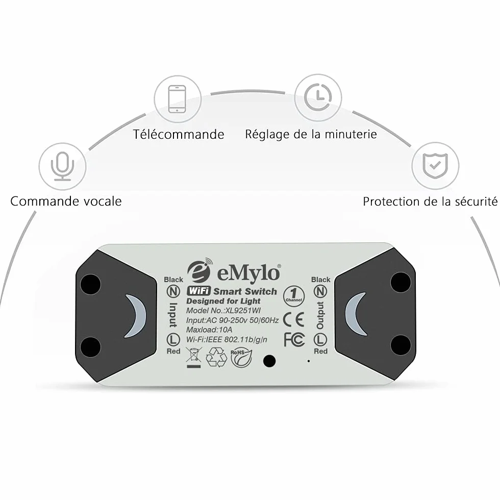 eMylo Commutateur WiFi intelligent Interrupteur d'éclairage universel Smart Home DIY Module de relais sans fil Télécommande Minuterie Commande vocale avec Alexa, Google Home Via Android IOS 1PC