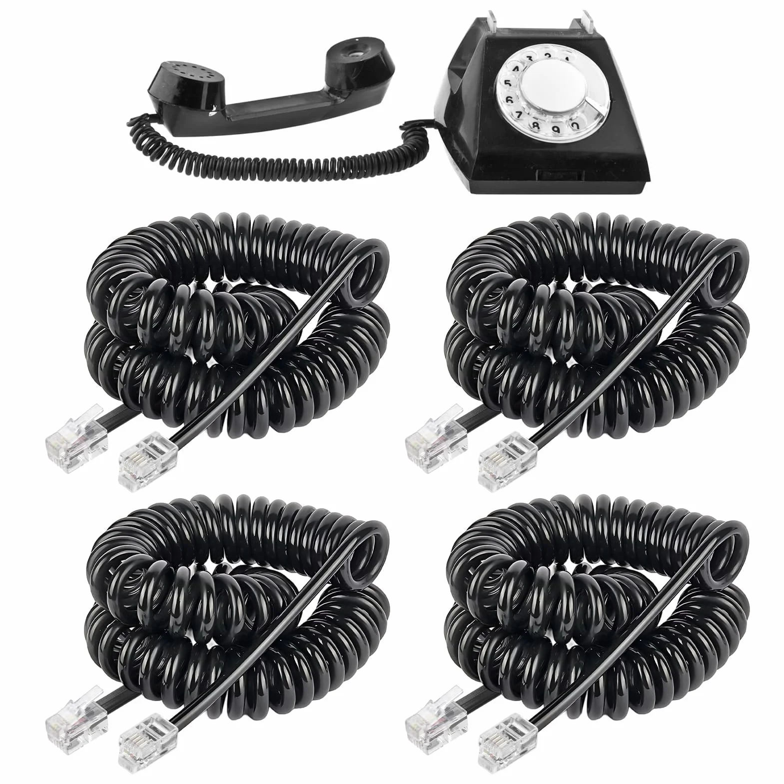 4 Pièces Cable Telephonique, 2.5M Combiné Téléphonique Câble Spiralé Cable Telephone Fixe 4P4C Cordon Fixe avec Prise Noir RJ9 pour Bureau à Domicile Téléphones Fixes AT&T Cisco NEC ROLM ITT TI
