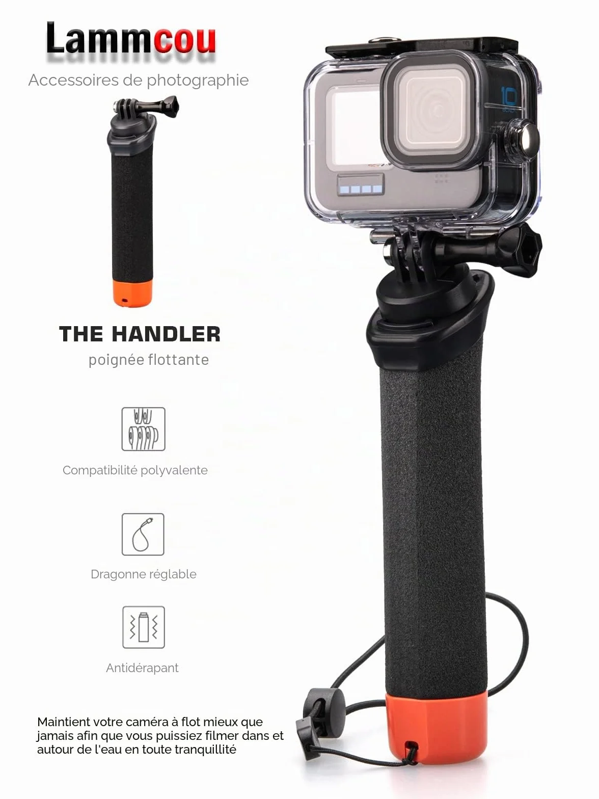 Lammcou Poignée Flottante, Go Pro étanche Handler pour plongée sous-Marine, Monopode avec Corde de sécurité et Bracelet, Floating Hand Grip pour Hero 13 12 11 10 9 Go3 X3 Accessoires
