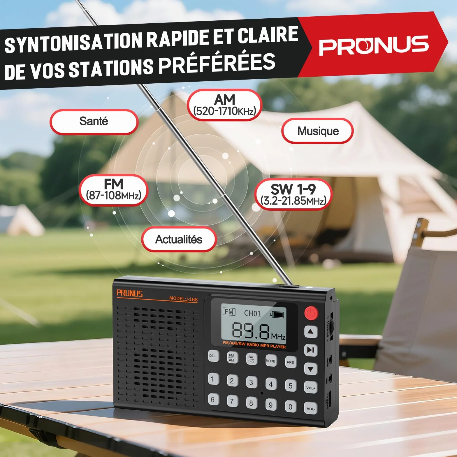 PRUNUS J-168 Petite Radio Numérique, Mini Radio Portable Rechargeable 2000 mAh, 99 Préréglages, Réveil, Bluetooth