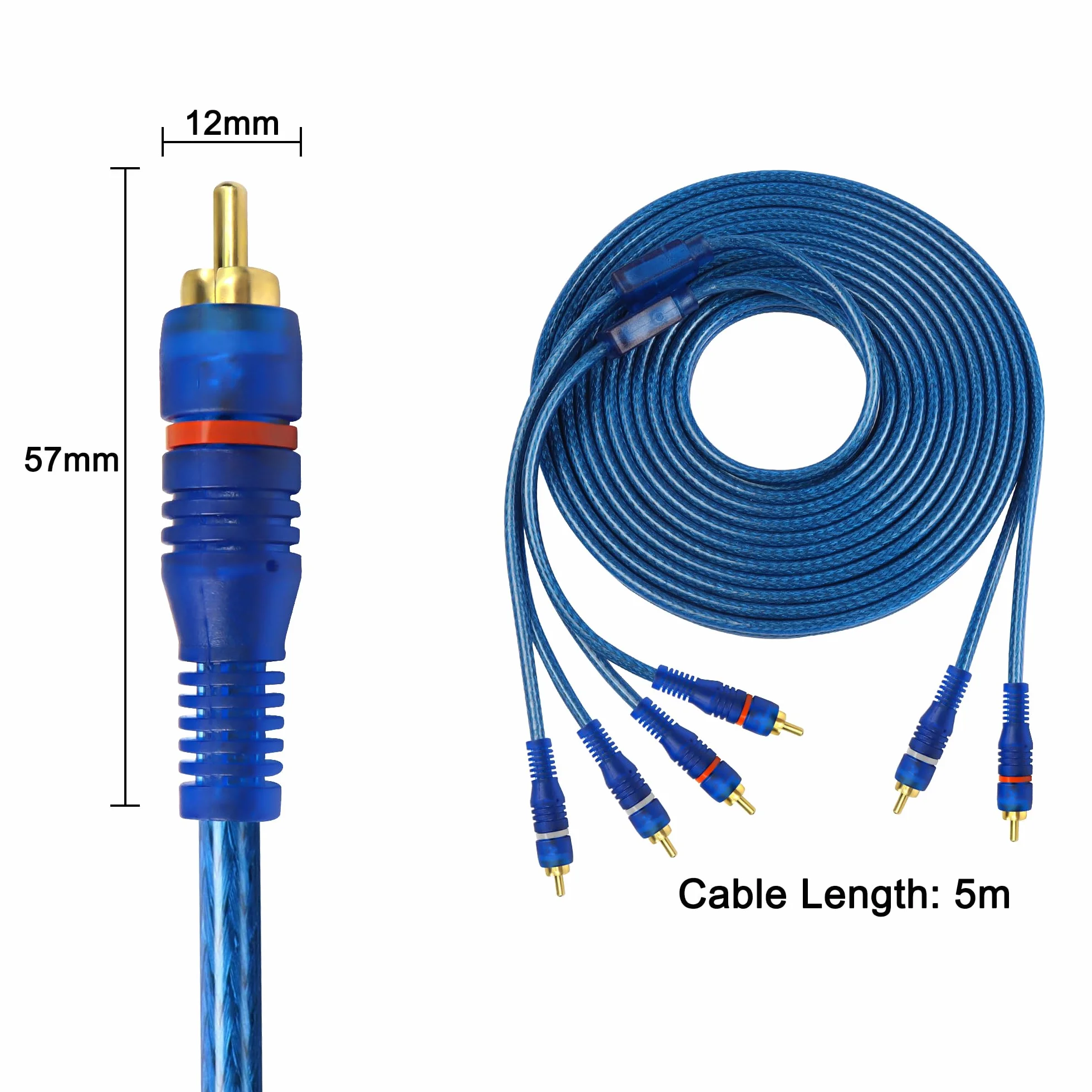 MEIRIYFA Câble d'interconnexion audio RCA pour voiture, 2 canaux à 4 canaux RCA audio voiture y Splitter adaptateur cavalier Paire torsadée OFC full Shield Noise Reduction (5m)