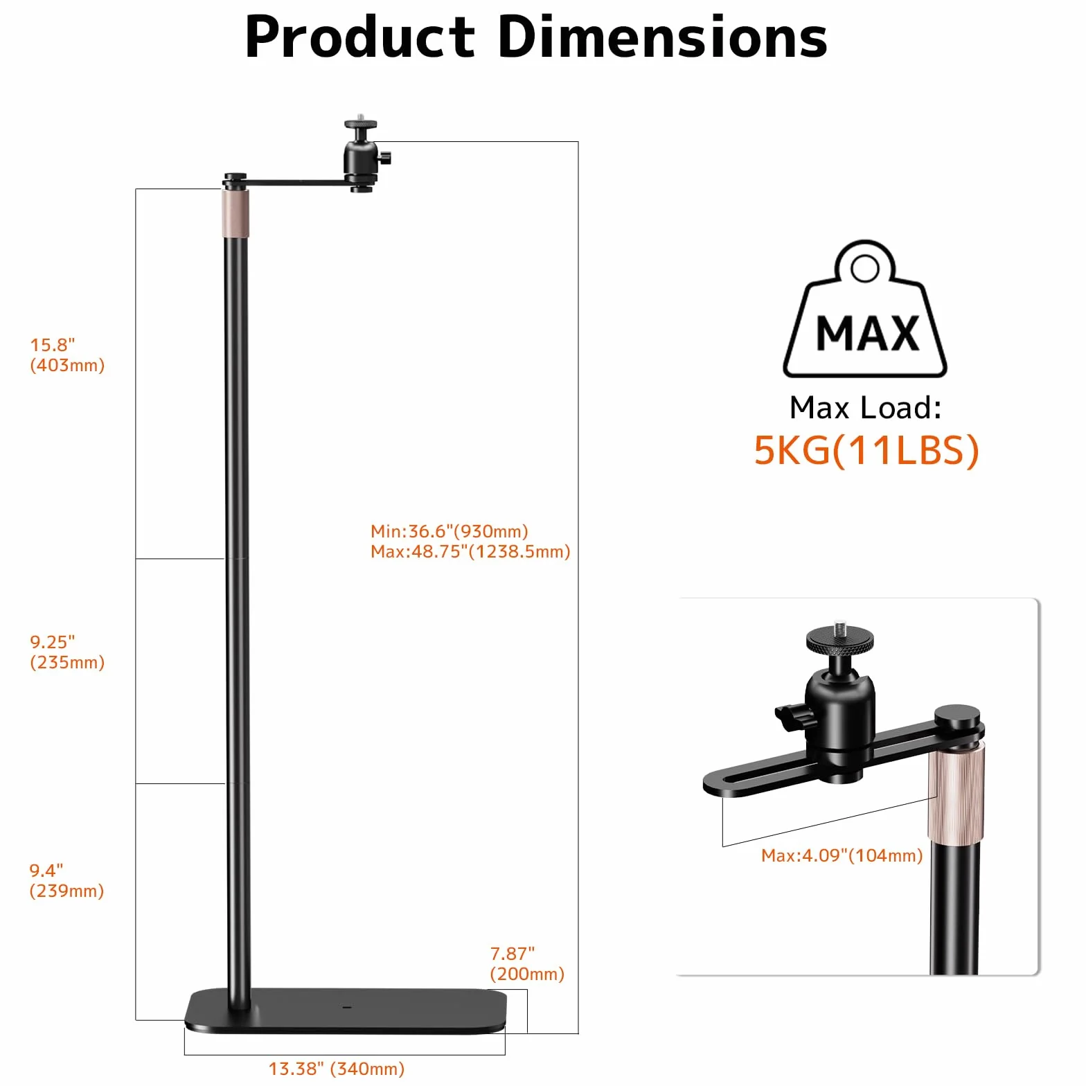 PUTORSEN Support projecteur, Hauteur réglable 92,4-123,4 cm, Rotation 360°, Capacité 5 kg